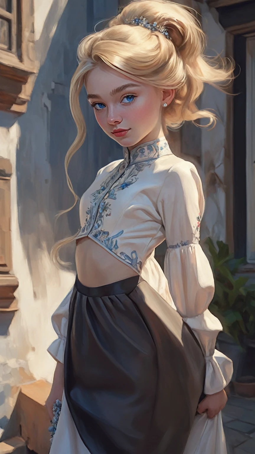 Portrait of a beautiful Norwegian ager, , Elaborate Dress, soft smile, natural lips, long blonde hair with shaved sides , grey-blue eyes, Realism, digital painting, conceptual art, smooth, Sharp Focus, Rule of thirds, Style-Psycho, whole body,