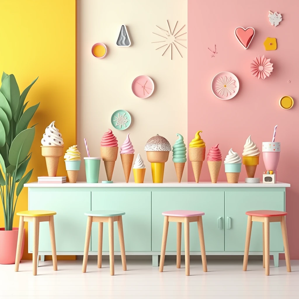 Flat设计,Dining room,Ice cream,Cold drink shop,Minimalist style,Stamp design, colourful,abstract,Flat