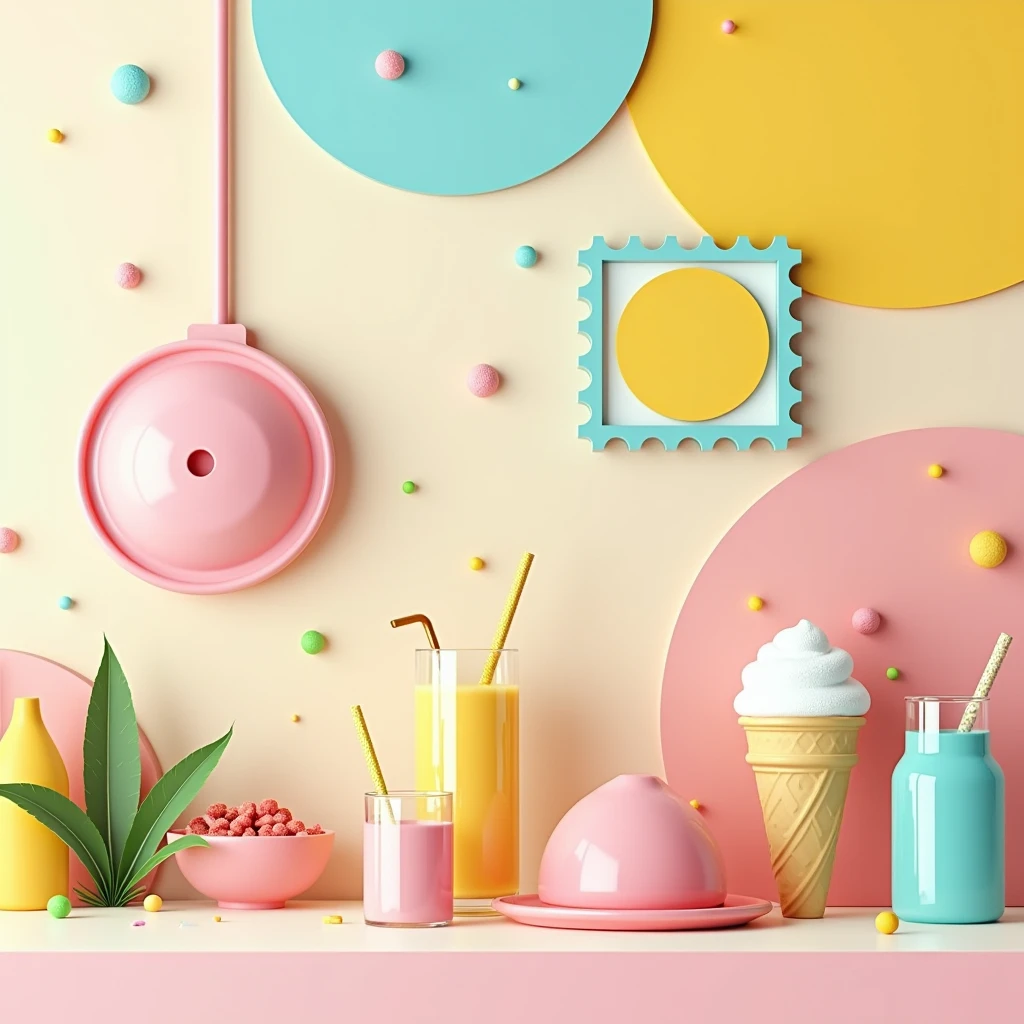 Flat设计,Dining room,Ice cream,Cold drink shop,Minimalist style,Stamp design, colourful,abstract,Flat