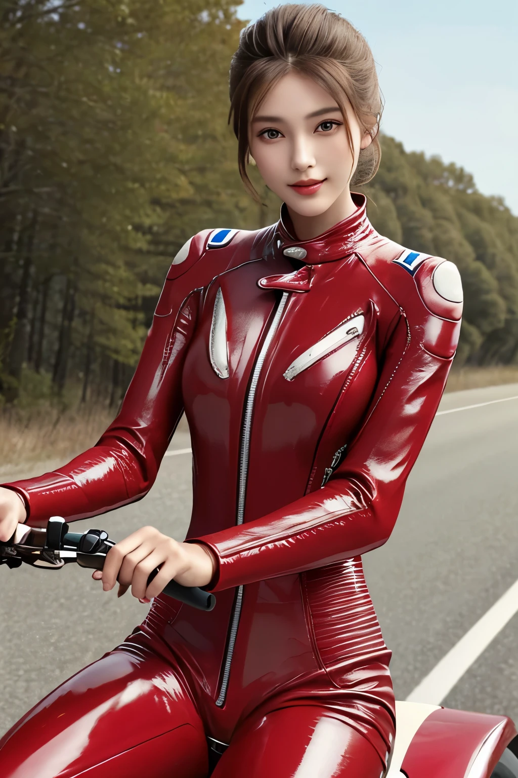 Fashion model, 25 years old, 完璧な青くShine虹彩, Perfect Lips, Perfect Skin, Soft Front Light, Shine, High resolution, (Soft colors: 1.2), Highest quality, masterpiece, Beautiful Eyes, Beautiful Face, Realistic, One beautiful woman, Sharp focus, Slender body, Long, slender legs、Updo、smile, ((Riding a motorcycle on the road)), (((Red long sleeve and long pants racing leather suit)))