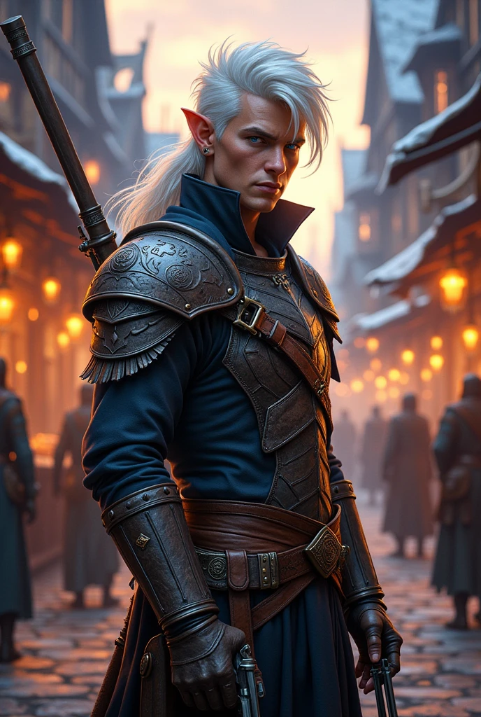 Half-Elf, DND 5e, Fighter/Wizard Multiclass, Gunslinger Subclass, White long spiky hair, High quality, HD, Full-body, Male.