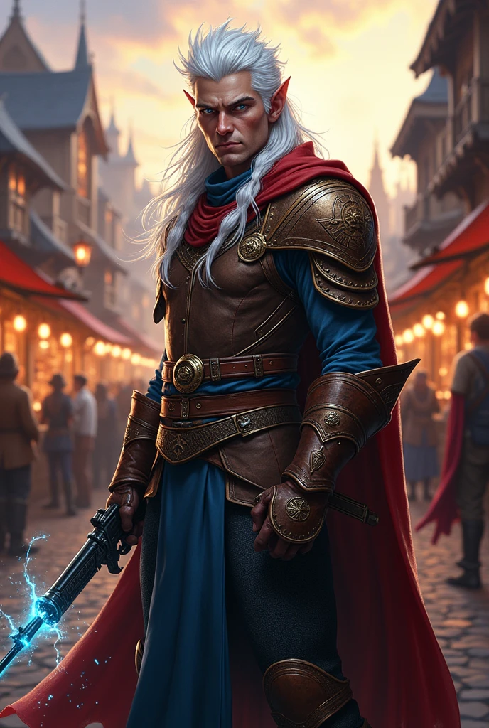 Half-Elf, DND 5e, Fighter/Wizard Multiclass, Gunslinger Subclass, White long spiky hair, High quality, HD, Full-body, Male.