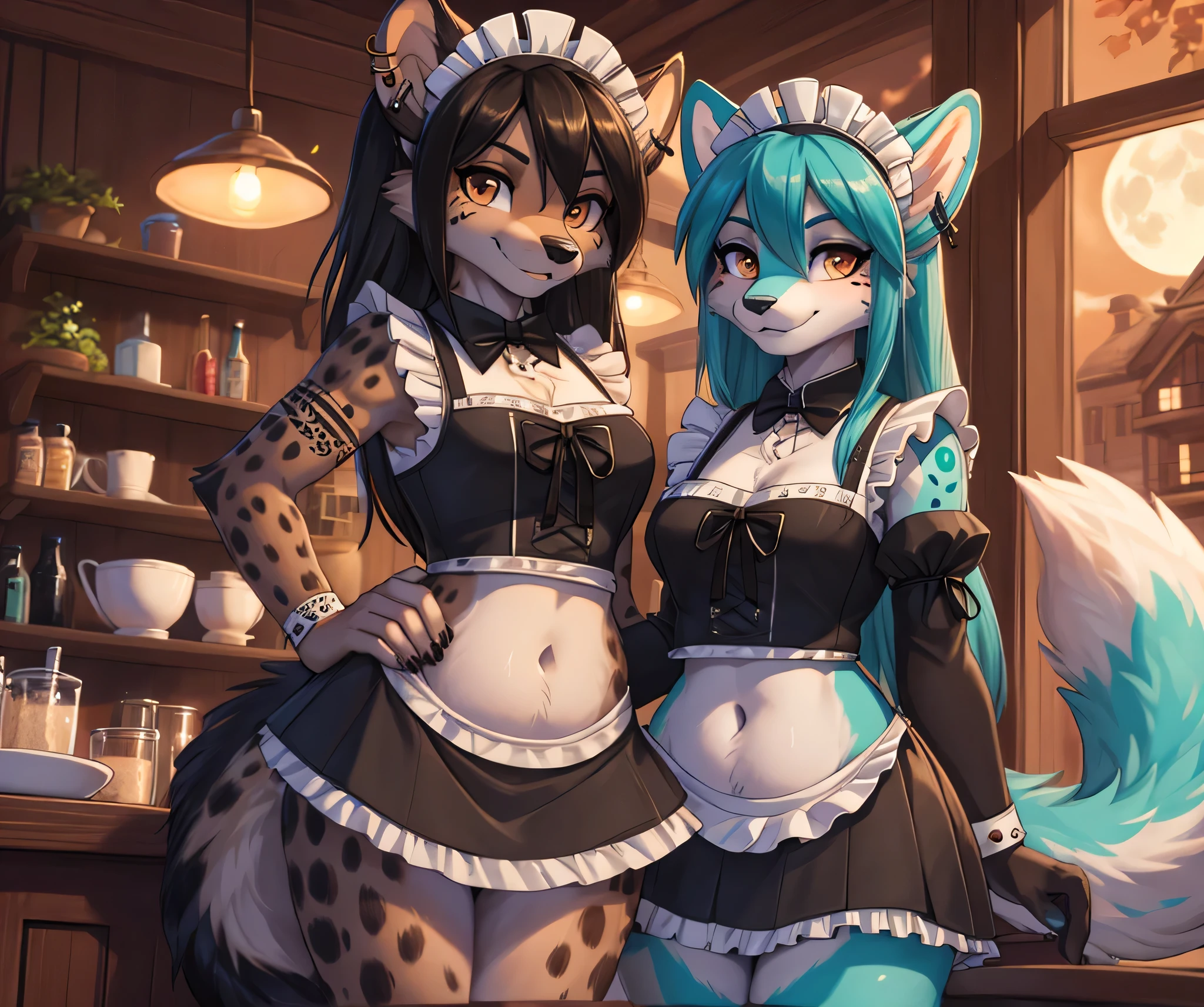 2 girls imagen, firts girl, Miku Hatsune, add high definition_detail:1, blue fur,kitsune ears, tribal tattoo add_detail:1, posing during a full moon showing off her beautiful figure and her outfit. (Maid lingerie, maid mini skirt)sweaty body add_details:1, smiling add_detailsl:1, ear piercing add_detail:1.  Second girl is a female anthro furry hyena girl, black hair, hyena spots, black hands and feet, brown eyes, high definition_detail:1, showing off her beautiful figure and her outfit. (Maid navel blouse, maid mini skirt)sweaty body add_details:1, smiling add_detailsl:1, ear piercing add_detail:1, beautiful and detaileds hands.  Both girls in a coffeshop 