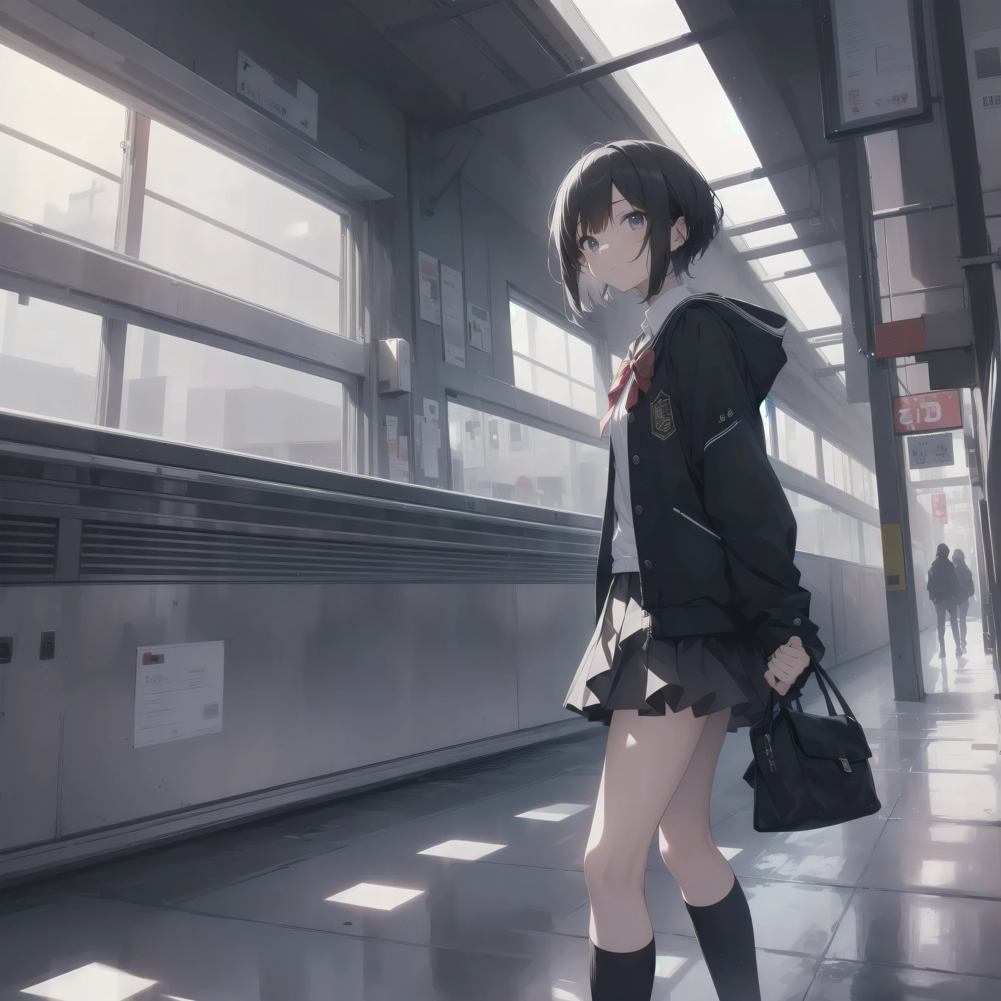 ultra-absurdres-Top quality by artist God, ultra-detailed, high resolution, anime moe artstyle, best anime 8k konachan wallpaper, pixiv contest winner, pool:2810, perfect anatomy,break, 1girl, (Please draw a girl walking sleepily to school alone. )break,(Solo,little female, 13-year-old:1.3),Full limbs, complete fingers,a junior high school student, (very short hair), short cut, flat chest, , small butt, small black eyes, beautiful detailed eyes, well-proportioned iris and pupils, expressive eyes, highres detailed hair, soft expression, salor school_uniform, sailor collar, serahuku, bow, pleated skirt,(Detailed Lighting), (Detailed background), in the School commute route. break,super detailed skin, Best cinematic lighting powered by famous artist, 8k,beauty illustration,photoshop_(medium),very aesthetic,break,((artist:izumi_tsubasu )), artist:clamp ,artist:carnelian ,artist:kantoku ,