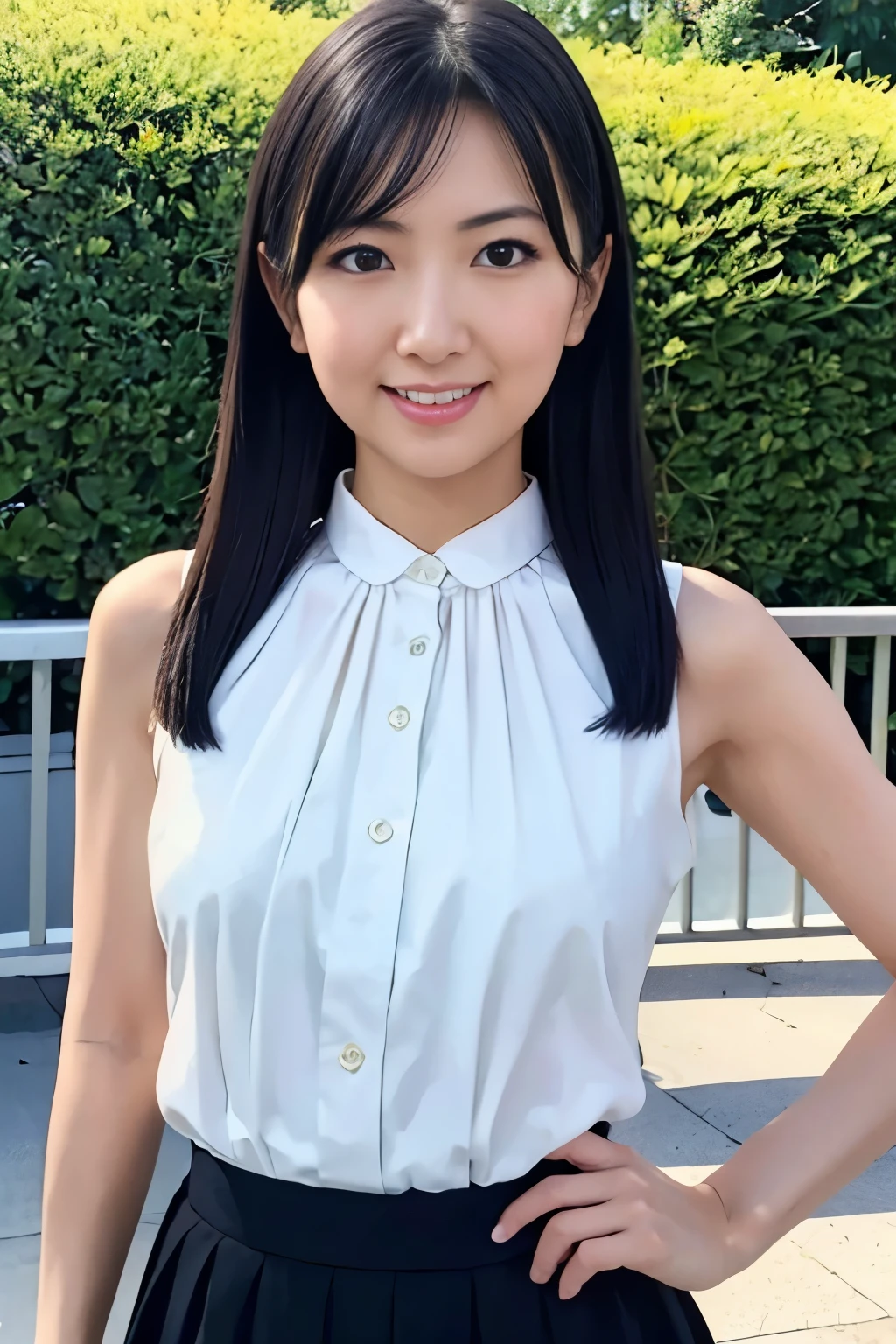 photorealistic, masterpiece, high resolution, high detailed, 1 pretty girl, rika shiraki, platinum black hair, looking at viewer, frilled sleeveless, smile, open mouth, tilting head, both hands on hips, tilting waist, Ivanka Trump, kitagawa keiko, 