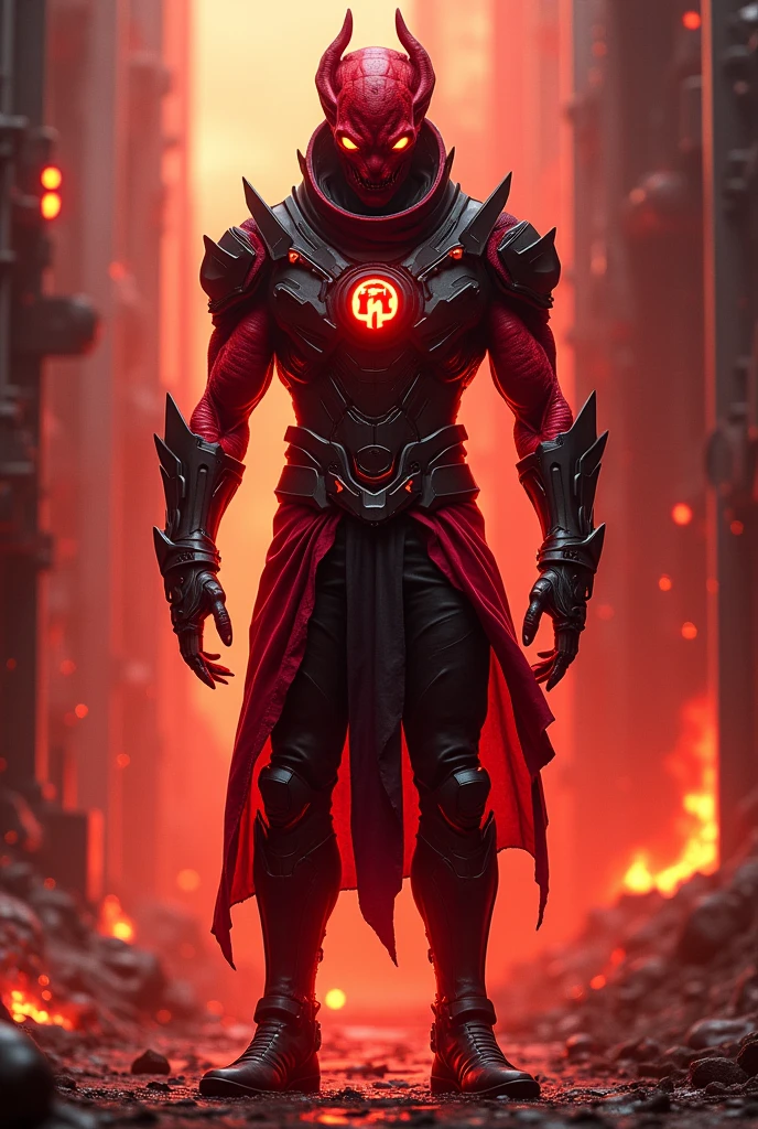 Male, alien, red lantern, red skin, high-tech body armor, black accents, logo, sharp teeth, muscular, tall, sharp nails, black pants, red bracelets and boots, fire aura,