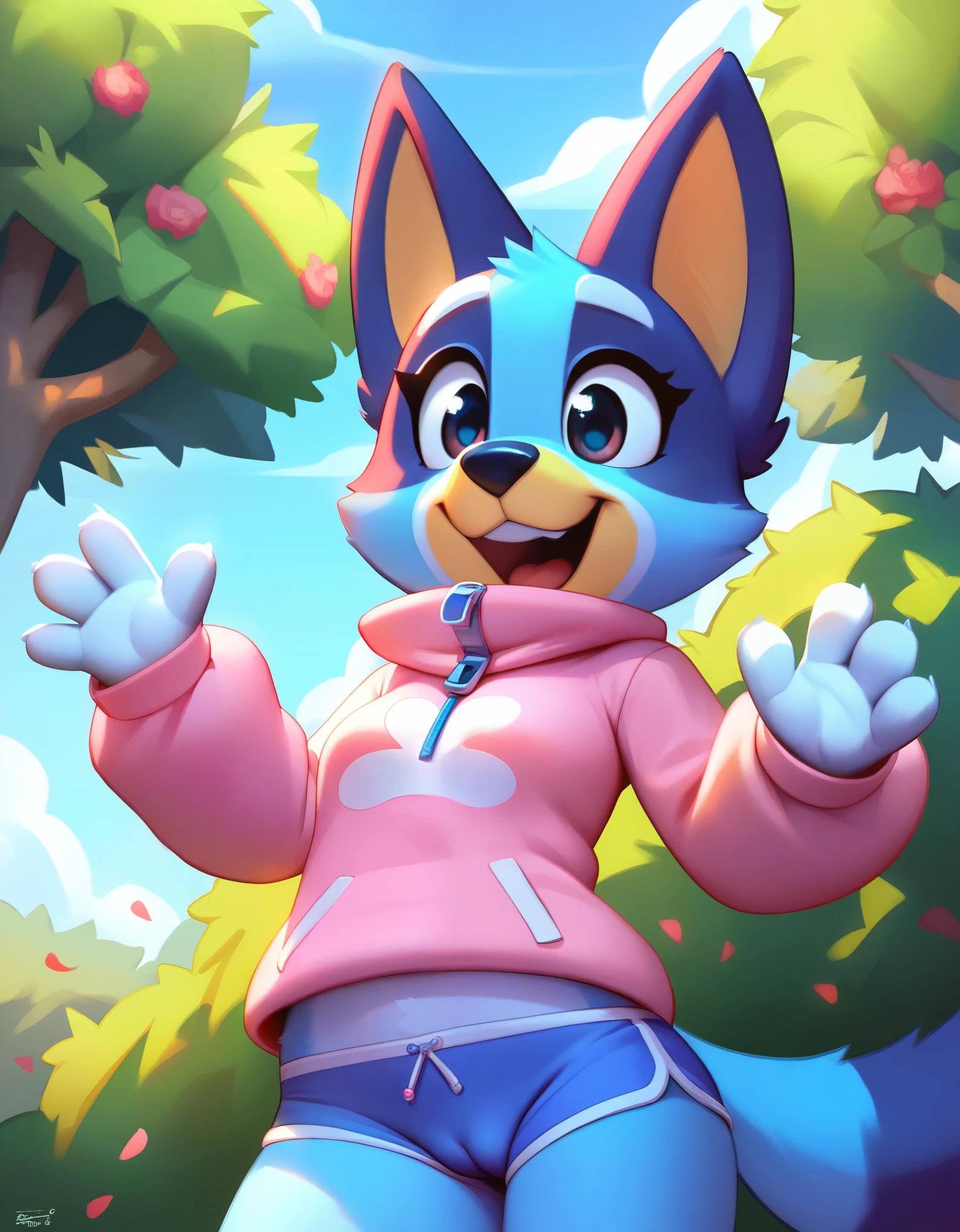 score_9, score_8_up, score_8, 1girl, source_cartoon, source_furry, blueyxl, bluey heeler, (boxchibi:0.2), 11 year old girl, cowboy shot, anthro, furry, tail, blue body, animal ears, flat shaded background, sky, day, cloud, blue sky, excited expression, childlike joy, whimsical, mischievous, feminine, female, slender figure, slim body, detailed fur texture, cute outfit, blue shorts, pink shirt, long sleeve, camel toe