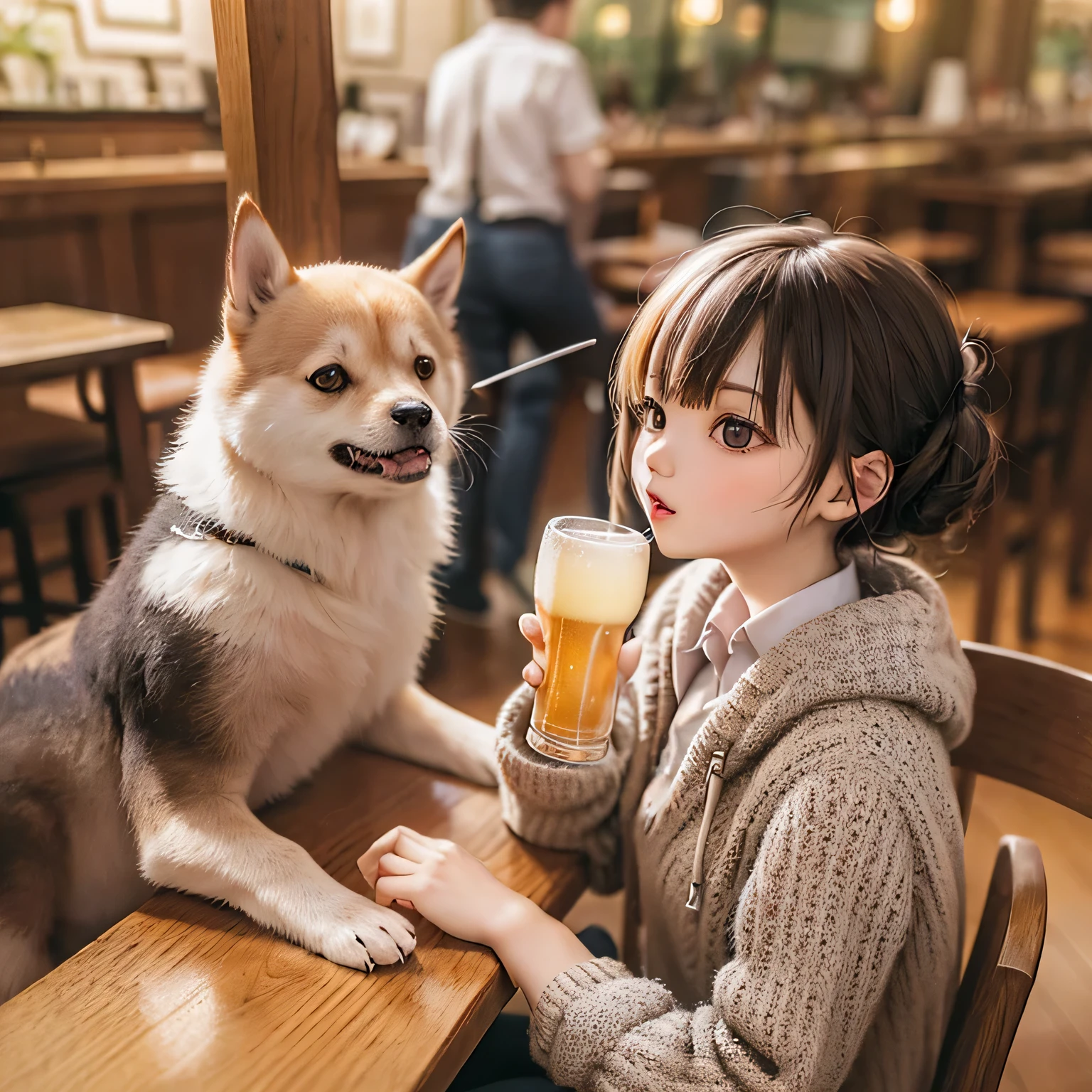 
Shiba Inus drinking beer at a pub