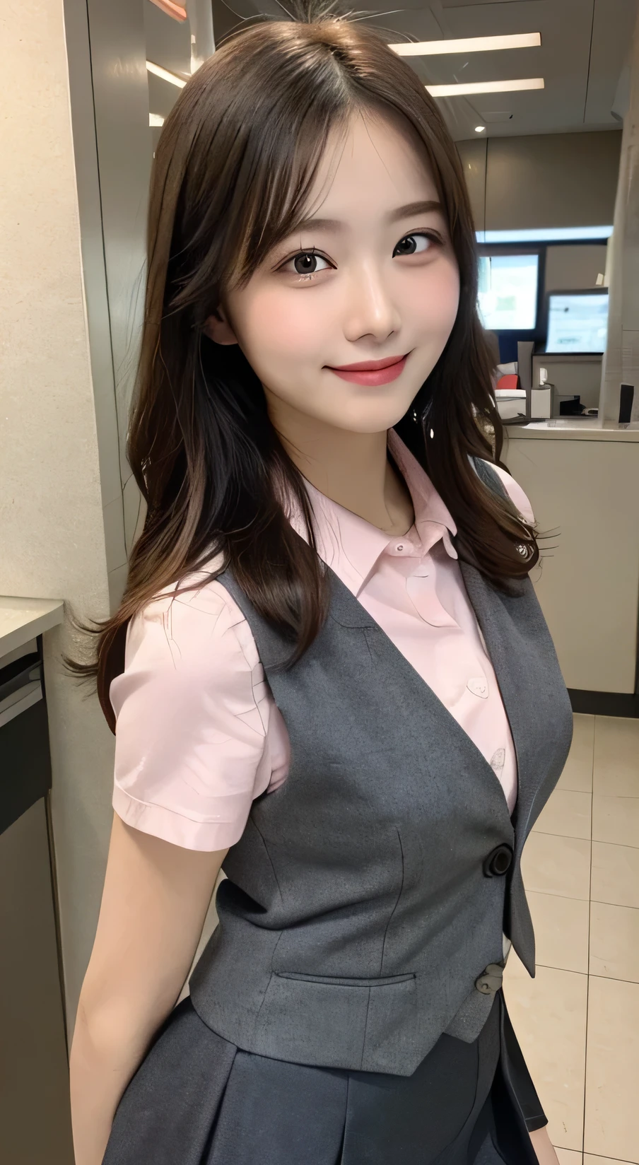 Cowboy Shot, Highest quality,Very detailed, finely, High resolution, Perfect dynamic composition, Beautiful and detailed, ((check vest)),(Light pink shirt),(Charcoal gray tight mini skirt),(Bank clerk uniform),Medium Hair, Small breasts, Natural color lip,smile,20-year-old girl、Midnight、、Slim face and figure,Spread your arms wide,from the front、Small face、Beautifully detailed face、Photography at the entrance
