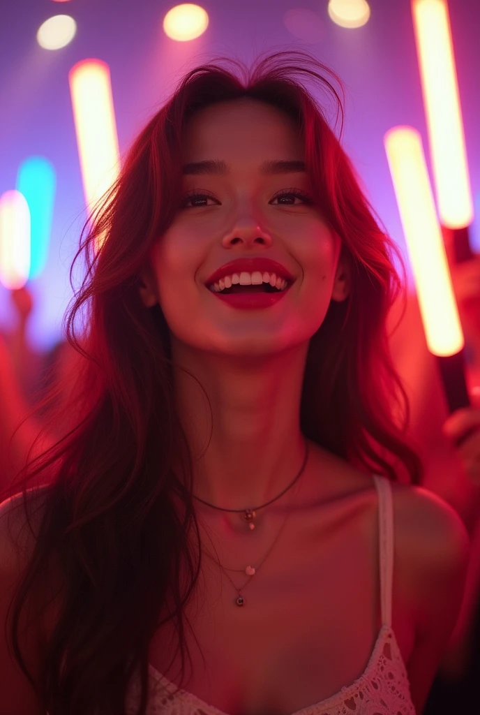The most beautiful female kpop idol in the world,She has fair skin and stunning eyes.,She has a delicate, high nose and adorable red lips..She has long brown hair that reaches her shoulders and is waving to her fans. 