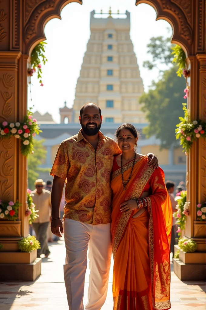 South Indian guy visiting tirupati temple with his parents in traditional outfits