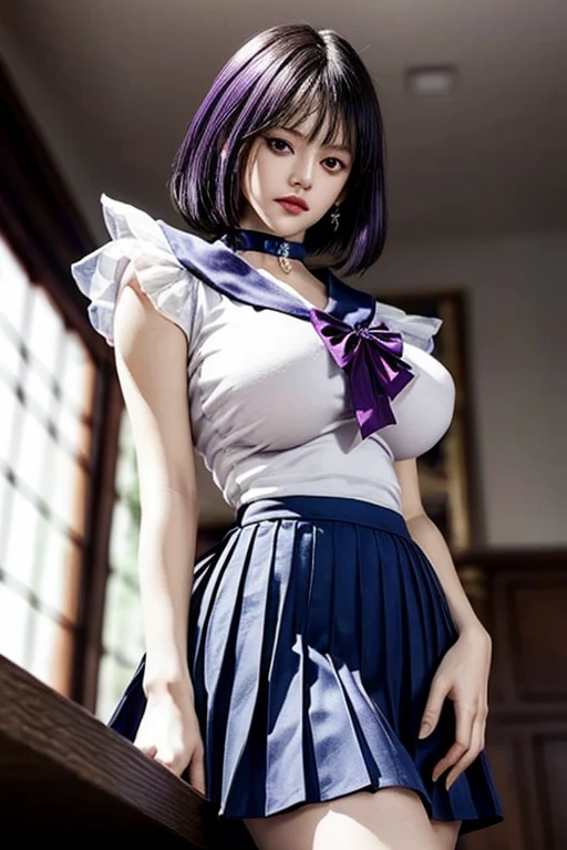 (Ultra-realistic,32k, masterpiece:1.2),(Skin with attention to detail:1.1),( high quality:1.1),
Sailor Saturn,sad,Purple Hair, tiara, Sailor Warrior Uniforms, Purple sailor color, Pleated skirt, Elbow hand pockets, jewelry, brooch, choker, Blank Background Blurred Background,, Huge breasts,big breasts,(View your viewers, Stand from below:1.1), (refraction:1.1),