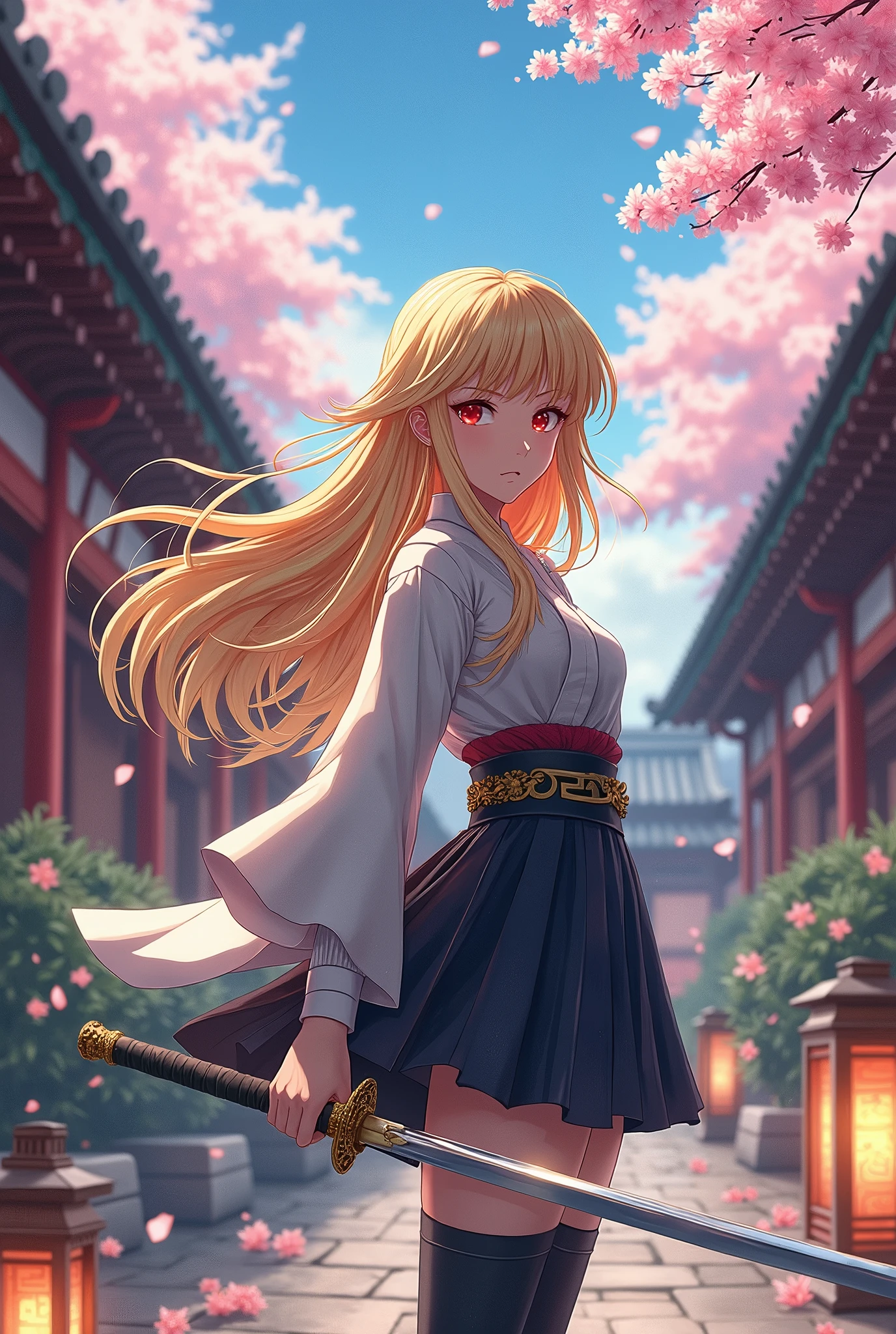 Japanese Sengoku period beautiful girl high school girl anime illustration blonde superhero