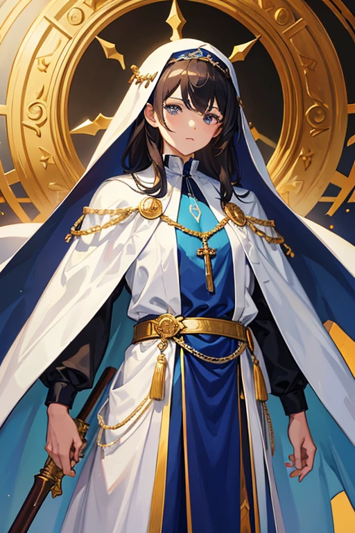 Esther is a 1, with a serious face, light skin and short light brown hair. He has bangs hanging on both sides, blue "lapis lazuli" eyes. She wears a blue nun's robe. She wears a white nun's habit with blue trim. He wears a rosary around his neck. and holds a bible with gold leaves on his belt and carries a gold gun.facing front to viewer white background