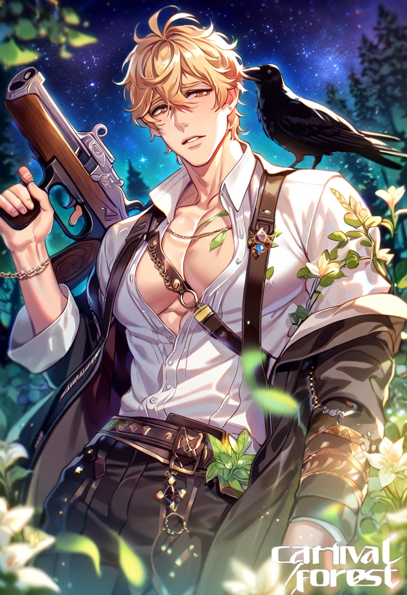 absurdres, highres, ultra detailed, HDR, master piece, best quality, extremely detailed, detailed eyes, Quincy, blonde hair, messy hair, expressive amber eyes, Nu Carnival, solo, sexy man with a gun in hand, handsome, horny, lewd, fantasy, accessories, hunter, hunter clothes, black coat, white shirt, showing the chest, spring, flowers, green leaves, magical forest, dark fantasy, starry sky, night, crows