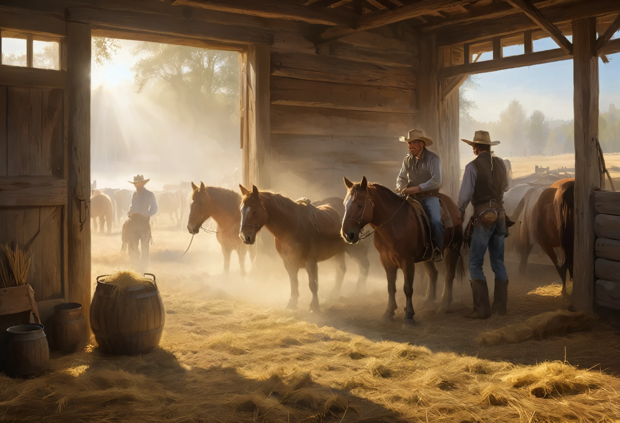 Farm life, the Western Frontier period, Cowboys tending to their horses, Light coming through the stable doors, hay scattered, Volume light:1.3, fog, (work of art), (best qualityer), (ultra high detail)