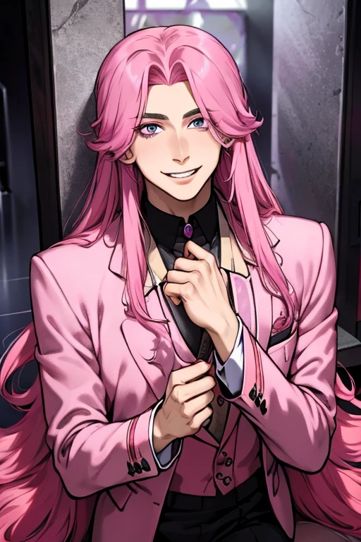 Perfect face. Perfect hands. A pink haired man with violet eyes and long hair is sitting in a mausoleum in a fancy suit with a big smile