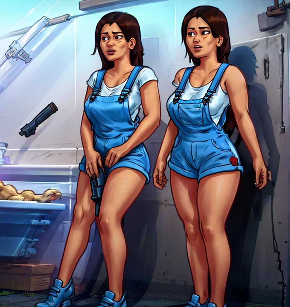 Fox with human characteristics,strong arms ,strong legs,evil gaze,wearing blue and white overalls,With guns in hand ,and several dead chickens on the ground