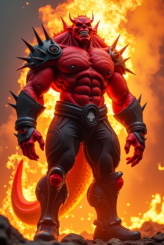 Male, monster, red lantern, red skin, high-tech body armor, black accents, logo, sharp teeth, muscular, tall, sharp nails, black pants, red bracelets and boots, fire aura,