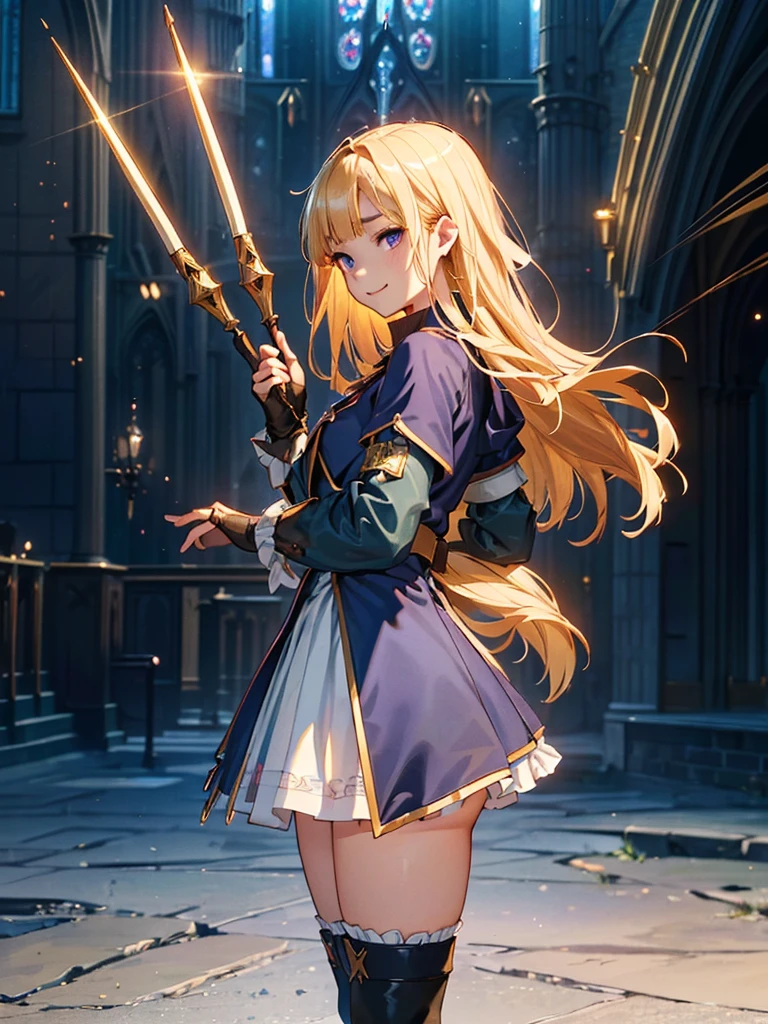 (Official Art、Highest quality、Unity 8k wallpaper、32K、masterpiece、Ultra-detailed、Ultra-high resolution、Realistic、Photorealistic:1.2)、(Cinema Lighting:1.2)、Purple Eyes, Fire Glow Effect、Film Grain、Best Shadow、Rim Light、Side light、Side Shot、(Highly detailed and intricate 3D rendering)、細部までBeautiful Faceと目、Sharp pupils、Realistic生徒、Slender、1men and women、Medium Bust、(whole body:1.2)、 Highly detailed background、Beautiful Face、Beautiful girl、(Highly detailed skin、Detailed skin texture:1.3)、(Half Blonde、Colorful Hair:1.3)、Blunt bangs、Purple Aijical girl costume、White shirt、Costumes with frills、Frilled Skirt、Knee socks、(Thighs Thighs Thighs Thighs:0.8)、Black boots、(Fantasyで美しい夜空、cathedral:1.4)、(Have a magic wand:1.3)、(From the side:1.3)、Fantasy、Wicked Smile、I opened my mouth a little.