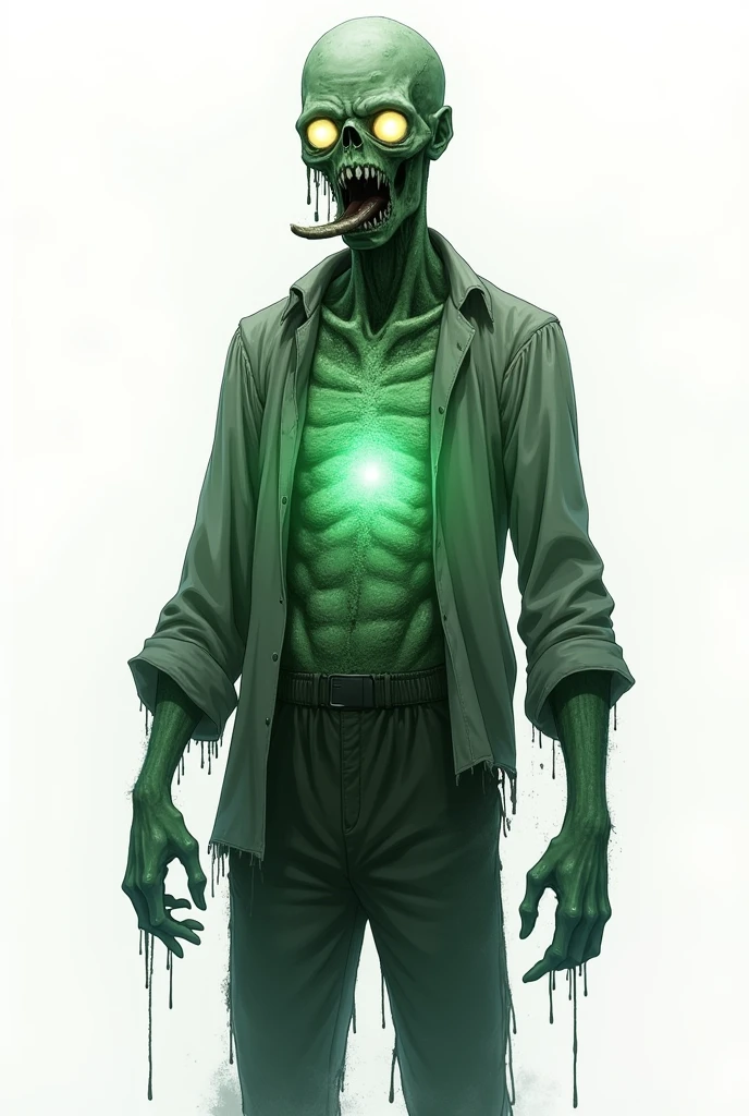 Humanoid with torn clothes, greenish skin, eyes shining bright like headlights, the inside of the chest shining like light, salivating a gleaming , base zombie, anime styling, white background 