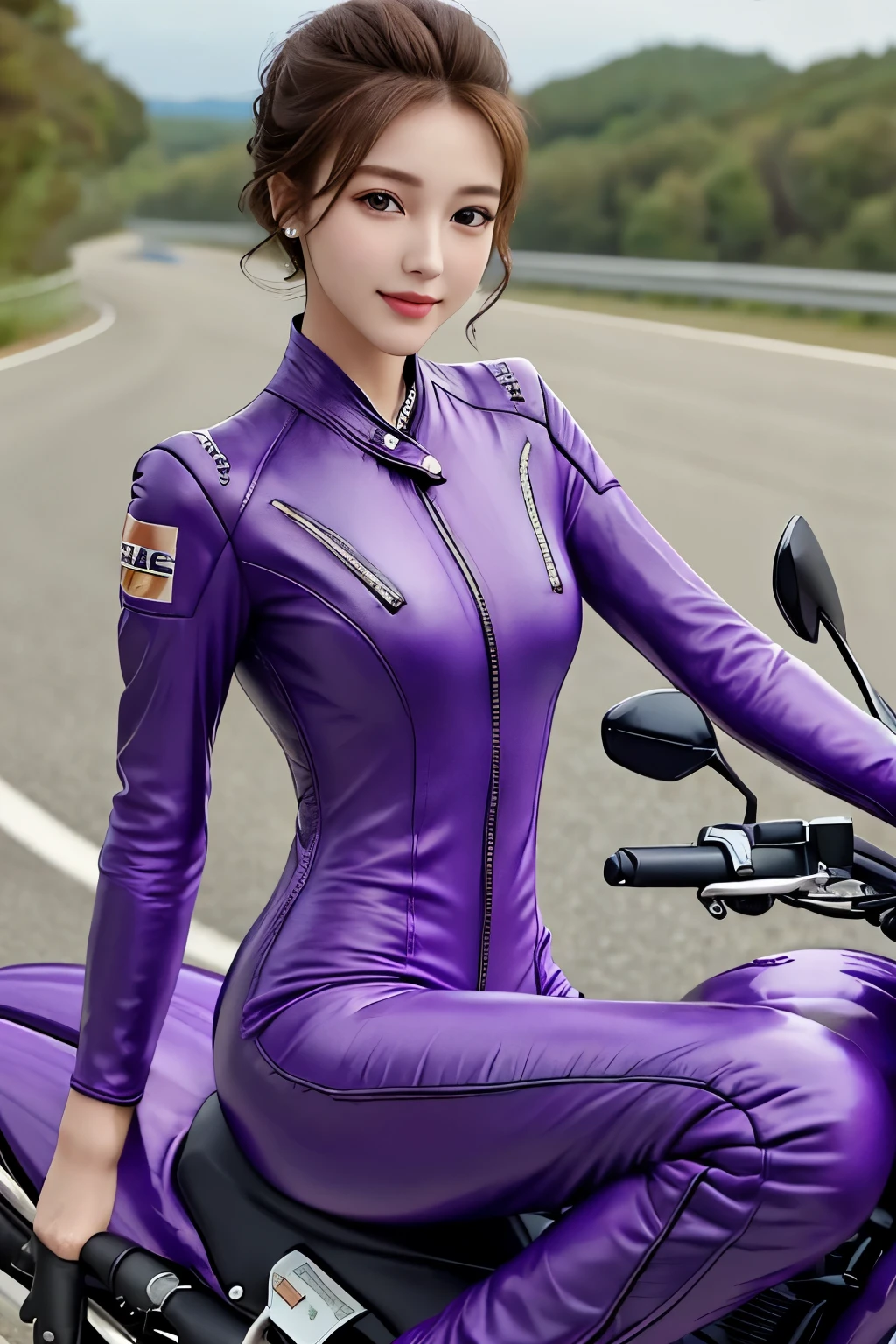 Fashion model, 25 years old, 完璧な青くShine虹彩, Perfect Lips, Perfect Skin, Soft Front Light, Shine, High resolution, (Soft colors: 1.2), Highest quality, masterpiece, Beautiful Eyes, Beautiful Face, Realistic, One beautiful woman, Sharp focus, Slender body, Long, slender legs、Updo、smile, ((Riding a motorcycle on the road)), (((Purple long sleeve long pants racing leather suit)))