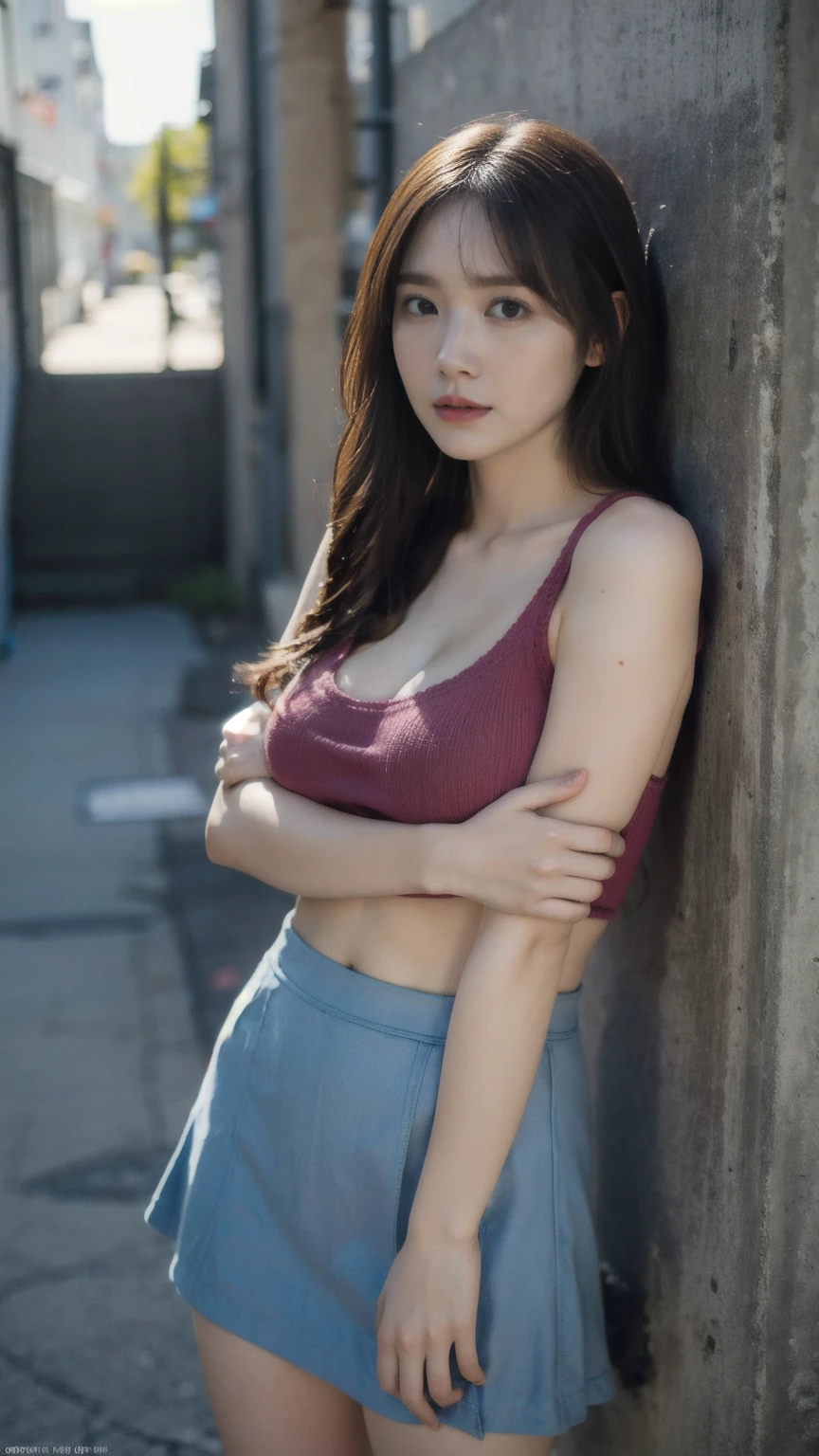 ((1girl)), woman, masterpiece, best quality, highest quality, cinematic lighting, (volumetric lighting), extremely detailed CG unity 8k wallpaper, focused, 8k wallpaper, extremely detailed, ultra realistic, photorealistic, sharp focus, absurdres, (HDR:1.2), (high contrast), photograph, detailed and intricate, instagram, portrait, highly detailed, digital painting, artstation, concept art, smooth, sharp focus, illustration, cinematic lighting, (big breast:1.3), (((skinny, slim legs))), (japanese idol posture), (knit strap tanktop, mini skirt, open shoulder, open chest, cleavage), looking at the viewer, ((crossed arm)), ((Medium body shot, hip level shot)), long hair, ((leaning on a wall)), beautiful eyes.