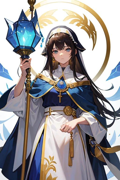 Esther is a 1, with a serious face, light skin and short light brown hair. He has bangs hanging on both sides, blue "lapis lazuli" eyes. She wears a blue nun's robe. She wears a white nun's habit with blue trim. He wears a rosary around his neck. and holds a bible with gold leaves on his belt and carries a gold gun.facing front to viewer white background