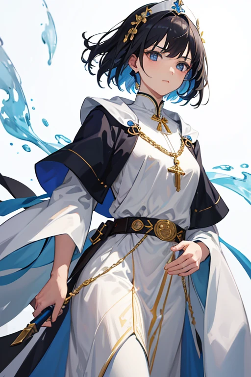Esther is a 1, with a serious face, light skin and short light brown hair. He has bangs hanging on both sides, blue "lapis lazuli" eyes. She wears a blue nun's robe. She wears a white nun's habit with blue trim. He wears a rosary around his neck. and holds a bible with gold leaves on his belt and carries a gold gun.facing front to viewer white background