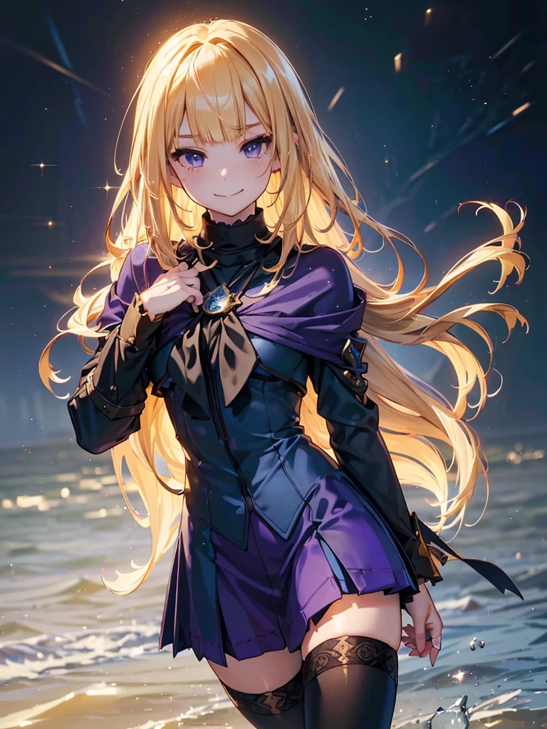 (Official Art、Highest quality、Unity 8k wallpaper、32K、masterpiece、Ultra-detailed、Ultra-high resolution、Realistic、Photorealistic:1.2)、(Cinema Lighting:1.2)、Purple Eyes, Fire Glow Effect、Film Grain、Best Shadow、Rim Light、Side light、Side Shot、(Highly detailed and intricate 3D rendering)、細部までBeautiful Faceと目、Sharp pupils、Realistic生徒、Slender、１men and women、Medium Bust、(whole body:1.2)、 Highly detailed background、Beautiful Face、Beautiful girl、(Highly detailed skin、Detailed skin texture:1.3)、(Half Blonde、Colorful Hair:1.3)、Blunt bangs、Purple Aijical girl costume、White shirt、Costumes with frills、Frilled Skirt、Knee socks、(Thighs Thighs Thighs Thighs:0.8)、Black boots、(Fantasyで美しい夜空、cathedral:1.4)、(Have a magic wand:1.3)、(From the side:1.3)、Fantasy、Wicked Smile、I opened my mouth a little.