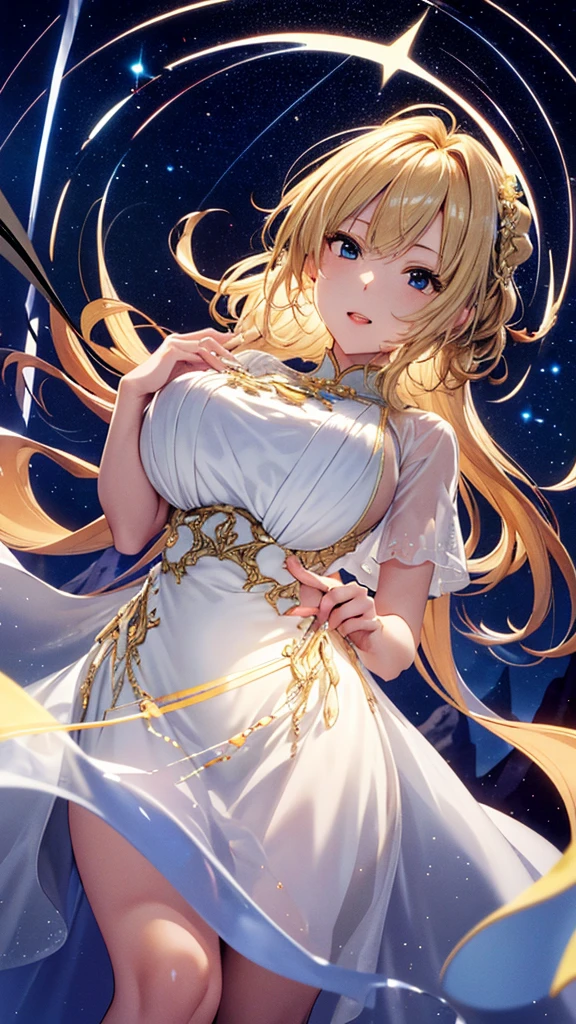 masterpiece, high quality, 4K, Beautiful design, silhouette,blonde, 非常に詳細な夜のStarry Sky,Glass Kingdom,Glass World,Glass Castle, wonderful, Finer details, Very knowledgeable woman, Highly detailed solo, 1 female,Big Breasts, Pure white dress,Night view,Starry Sky,