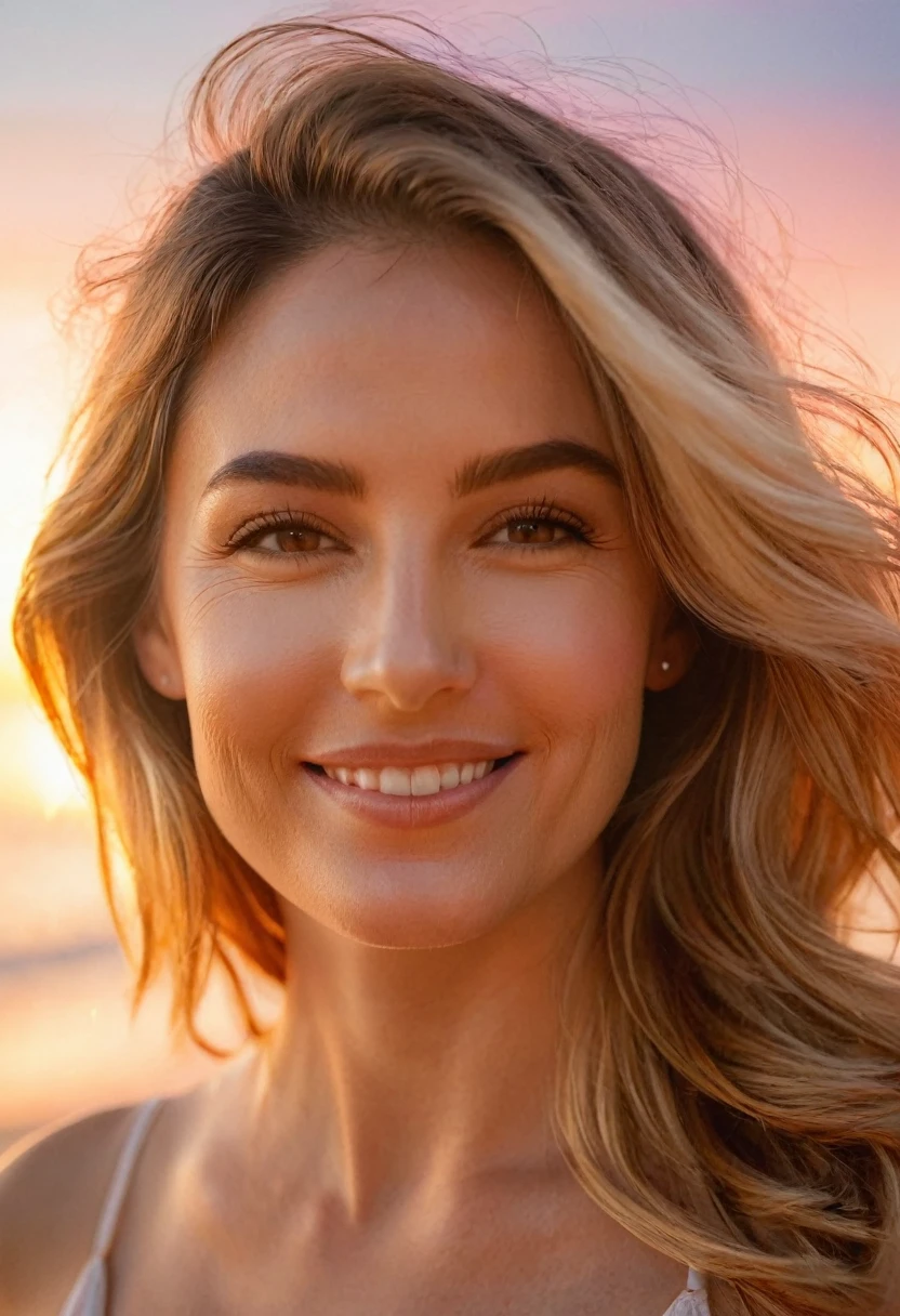 "A hyper-realistic close-up of a woman smiling softly, her expression peaceful and content as she stands on a tranquil beach during sunset. The golden light of the setting sun bathes her face in a warm, soft glow, highlighting the delicate features of her face and casting gentle shadows. Her hair is lightly tousled by a gentle sea breeze, with a few strands catching the light, adding a sense of movement. In the background, the ocean waves are softly blurred, shimmering with the reflections of the sun, creating a dreamy, idyllic scene. The sky is a gradient of warm oranges, pinks, and purples, with a few scattered clouds catching the last light of the day. Shot with a 35mm lens, f/2.0 aperture, ISO 250, ensuring every detail from her serene expression to the ambient beauty of the scene is captured in breathtaking realism. The image evokes a sense of tranquility, natural beauty, and the fleeting magic of sunset on the coast."
