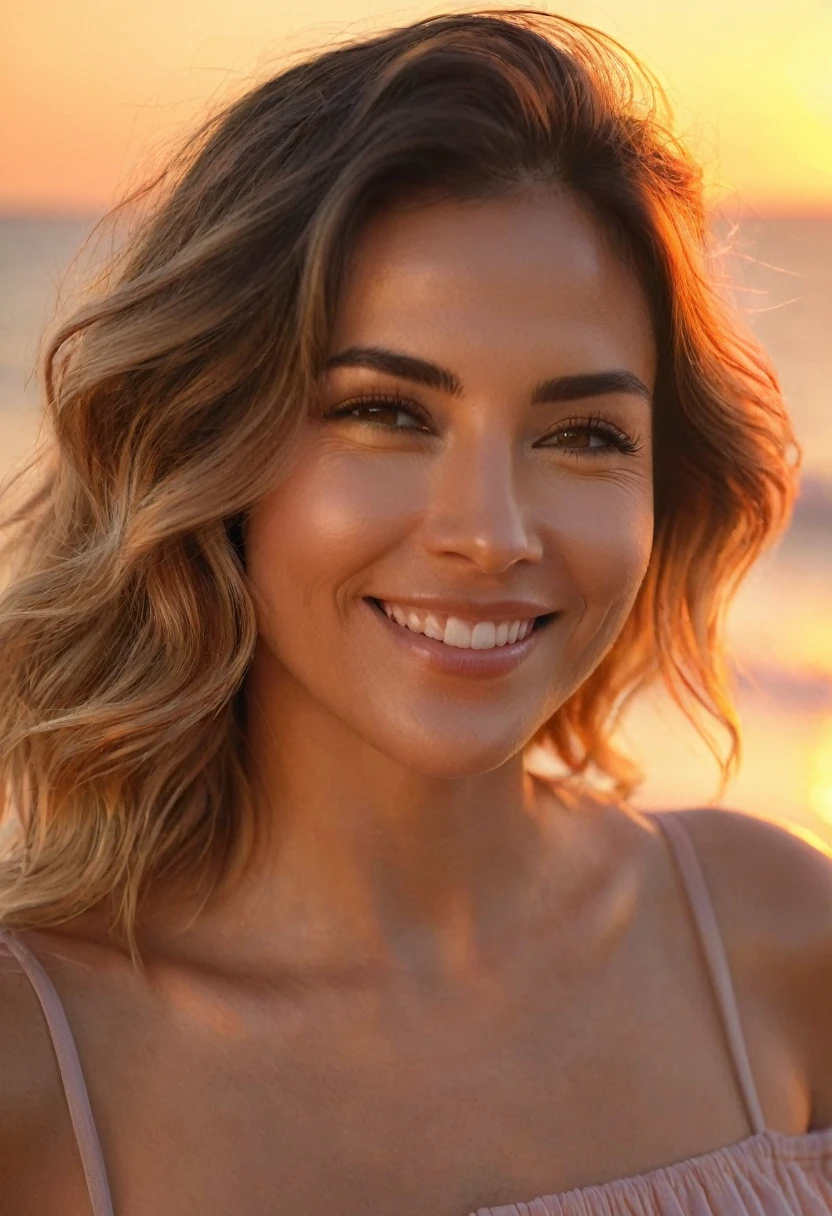 "A hyper-realistic close-up of a woman smiling softly, her expression peaceful and content as she stands on a tranquil beach during sunset. The golden light of the setting sun bathes her face in a warm, soft glow, highlighting the delicate features of her face and casting gentle shadows. Her hair is lightly tousled by a gentle sea breeze, with a few strands catching the light, adding a sense of movement. In the background, the ocean waves are softly blurred, shimmering with the reflections of the sun, creating a dreamy, idyllic scene. The sky is a gradient of warm oranges, pinks, and purples, with a few scattered clouds catching the last light of the day. Shot with a 35mm lens, f/2.0 aperture, ISO 250, ensuring every detail from her serene expression to the ambient beauty of the scene is captured in breathtaking realism. The image evokes a sense of tranquility, natural beauty, and the fleeting magic of sunset on the coast."