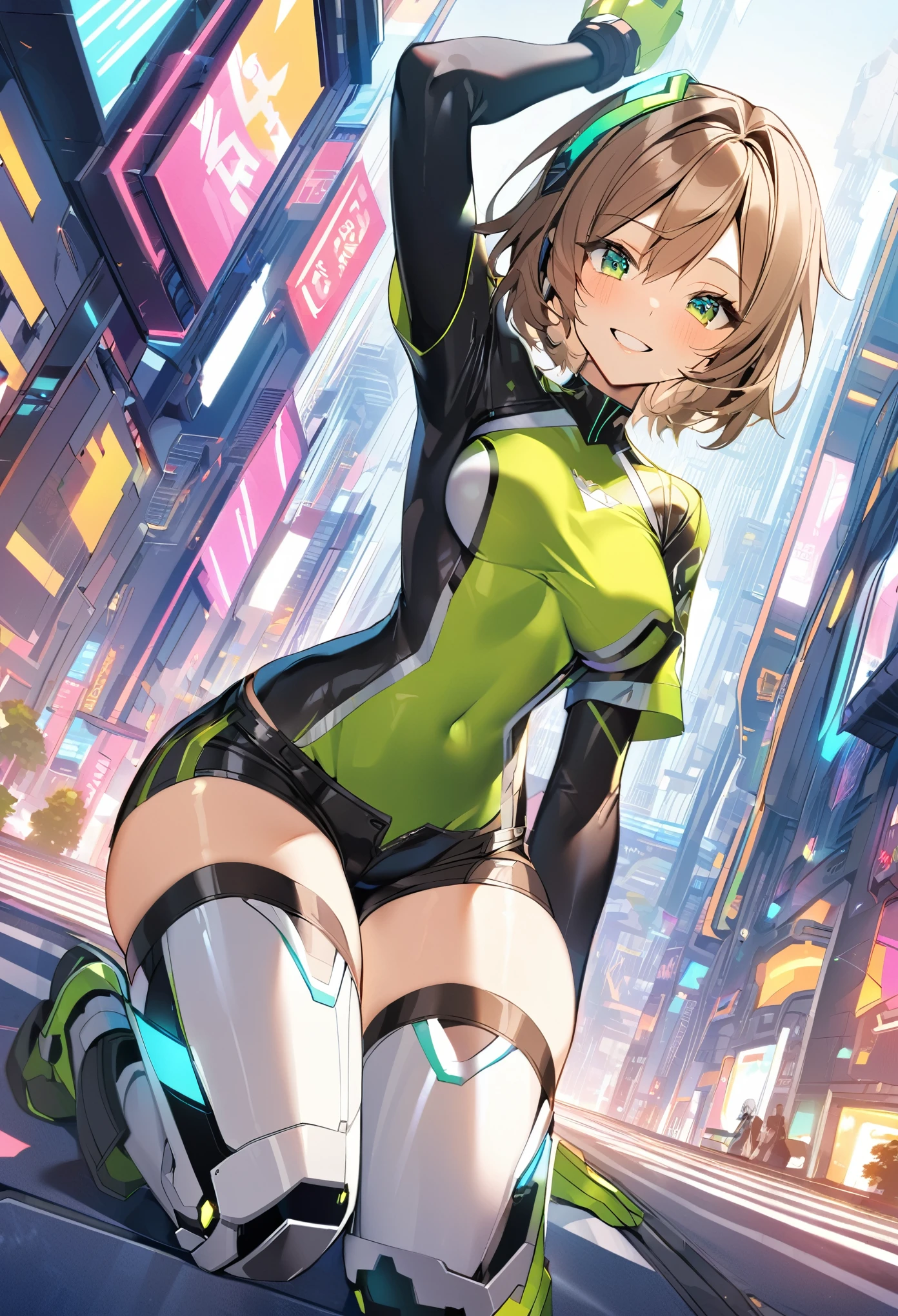 aile_megamanzx, kneeling with one hand on the ground and the other arm raised, 1girl, solo, short hair, brown hair, short sleeves, (bodysuit), robot ears, green eyes, (very_short_shorts:1.3), short sleeves, short over long sleeves, smile, in futuristic city, , high quality, medium_breasts,crotch, slouch,groin,dynamic_angle