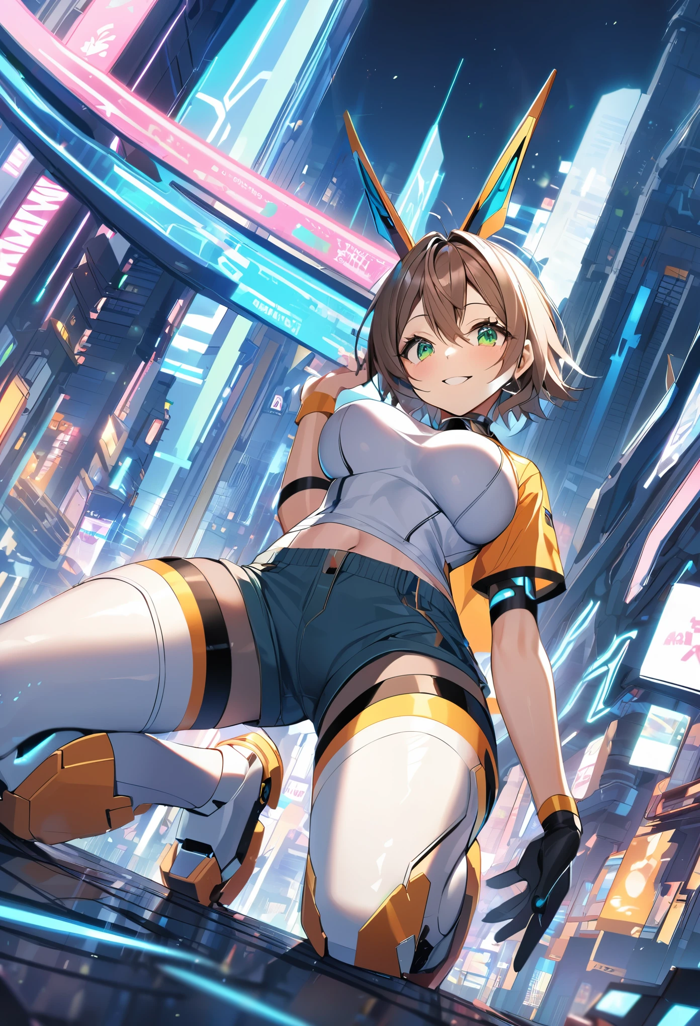 aile_megamanzx, kneeling with one hand on the ground and the other arm raised, 1girl, solo, short hair, brown hair, short sleeves, (bodysuit), robot ears, green eyes, (very_short_shorts:1.3), short sleeves, short over long sleeves, smile, in futuristic city, , high quality, medium_breasts,crotch, slouch,groin,dynamic_angle