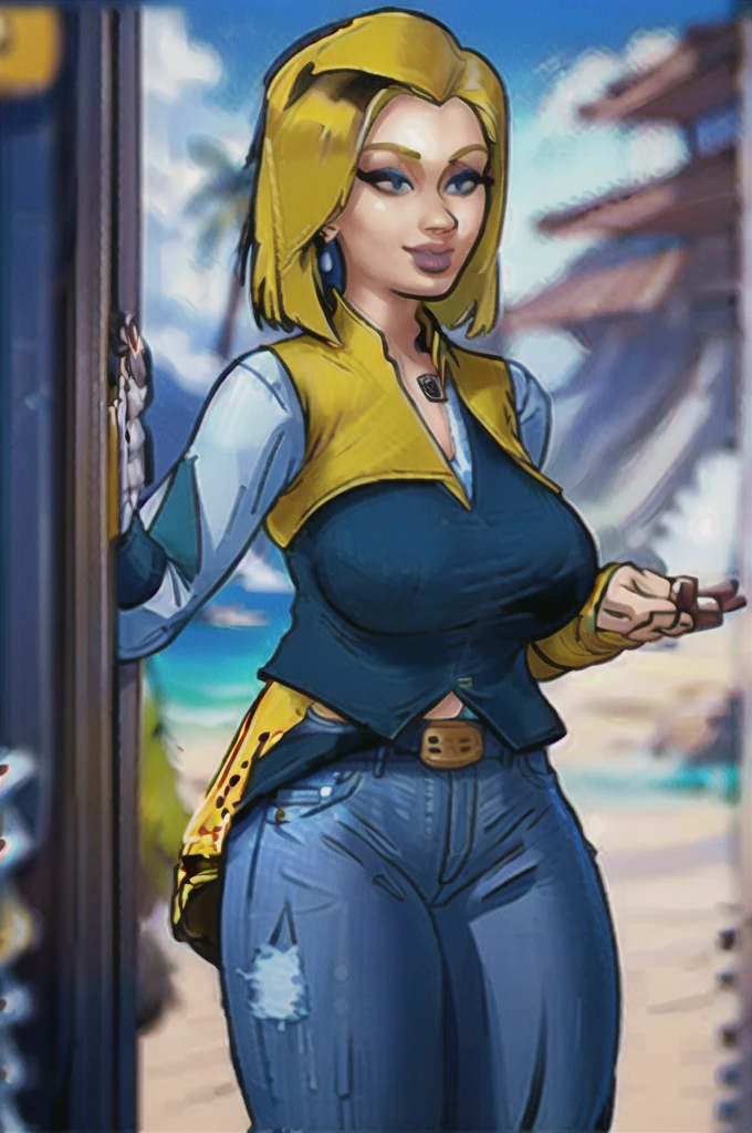 1 girl, (standing alone:1.2), (standing:1.3), (interacting:1.3), (cowboy shot:1.5), (curved:1.2), ssmile, glad, make yourself comfortable, (work of art:1.3), (best qualityer:1.3), (Perfect Anatomia:1.4), highy detailed, (tropical beach:1.3), palmtrees, sky blue water, Day Light, summer,, android18, aretes, JEANS, waist belt, hair blonde, blue colored eyes, shorth hair, jewerly, (JEANS vest:1.2), open vest, black pantyhose, black jersey, JEANS skirt, (white striped long sleeves), blue skirt, breasts big, 55level, semi-traditional art style, (lineart limpo:1.3), (smooth shading:1.2), specialized shading