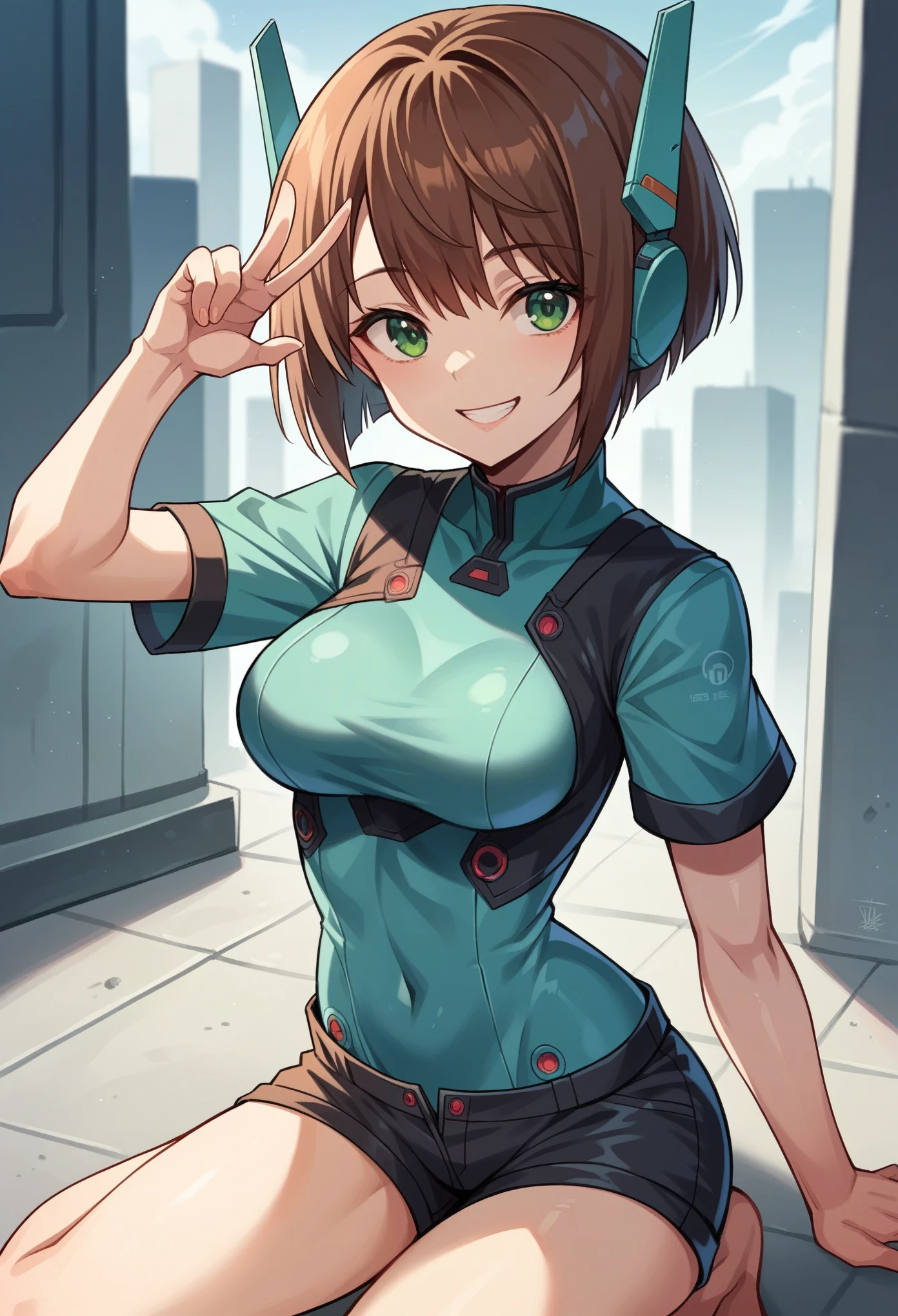 aile_megamanzx, kneeling with one hand on the ground and the other arm raised, 1girl, solo, short hair, brown hair, short sleeves, (bodysuit), robot ears, green eyes, (very_short_shorts:1.3), short_sleeves_short_length_blue_jacket, short over long sleeves, smile, in futuristic city, , high quality, medium_breasts,crotch, slouch,groin,dynamic_angle,