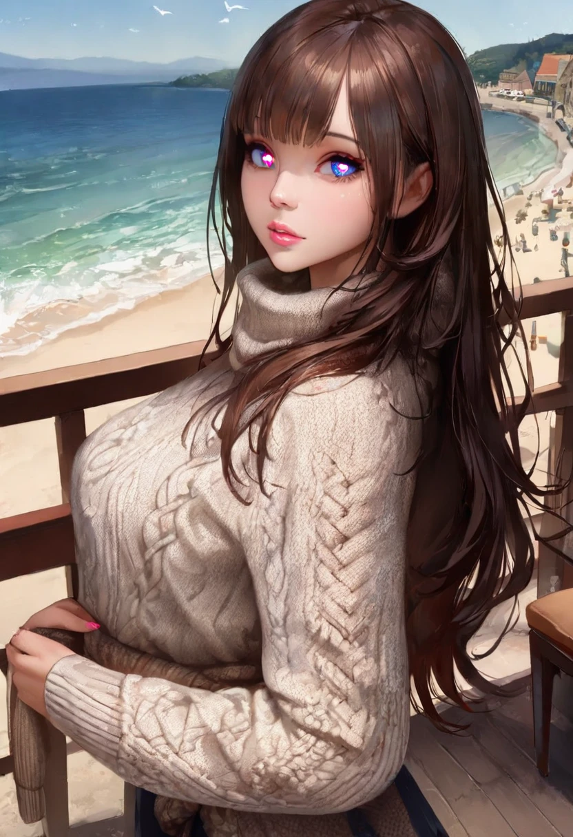 ( highest quality、high detail:1.1、Very attractive adult beauty、Adds intense highlights to the eyes、backwards、look back、Beautiful woman full of adult charm、perfect anatomy、long hair、shiny hair、lip gloss),1 girl, alone, realistic、Please tilt your head slightly, short and shiny hair、 knit sweater、stylish muffler,bangs、Big eyes、eyelash、face is a little red、embarrassing)、((Road system in Italy in winter、Absolutely beautiful bangs:1.4))、Big eyes、Give students very powerful highlights、(huge breasts:1.4}、very big breasts、very beautiful beauty、please show me your ears、long neck、smile a little、beautiful teeth、open your mouth and smile、heart shaped eyes))、28 years old、very cute super model、expensive、Description from a bird's-eye view、masterpiece、Description above the waist、Cafe Terrace、Seaside