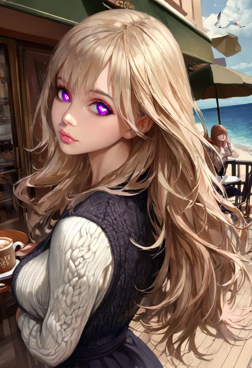 ( highest quality、high detail:1.1、Very attractive adult beauty、Adds intense highlights to the eyes、backwards、look back、Beautiful woman full of adult charm、perfect anatomy、long hair、shiny hair、lip gloss),1 girl, alone, realistic、Please tilt your head slightly, short and shiny hair、 knit sweater、stylish muffler,bangs、Big eyes、eyelash、face is a little red、embarrassing)、((Road system in Italy in winter、Absolutely beautiful bangs:1.4))、Big eyes、Give students very powerful highlights、(huge breasts:1.4}、very big breasts、very beautiful beauty、please show me your ears、long neck、smile a little、beautiful teeth、open your mouth and smile、heart shaped eyes))、28 years old、very cute super model、expensive、Description from a bird's-eye view、masterpiece、Description above the waist、Cafe Terrace、Seaside