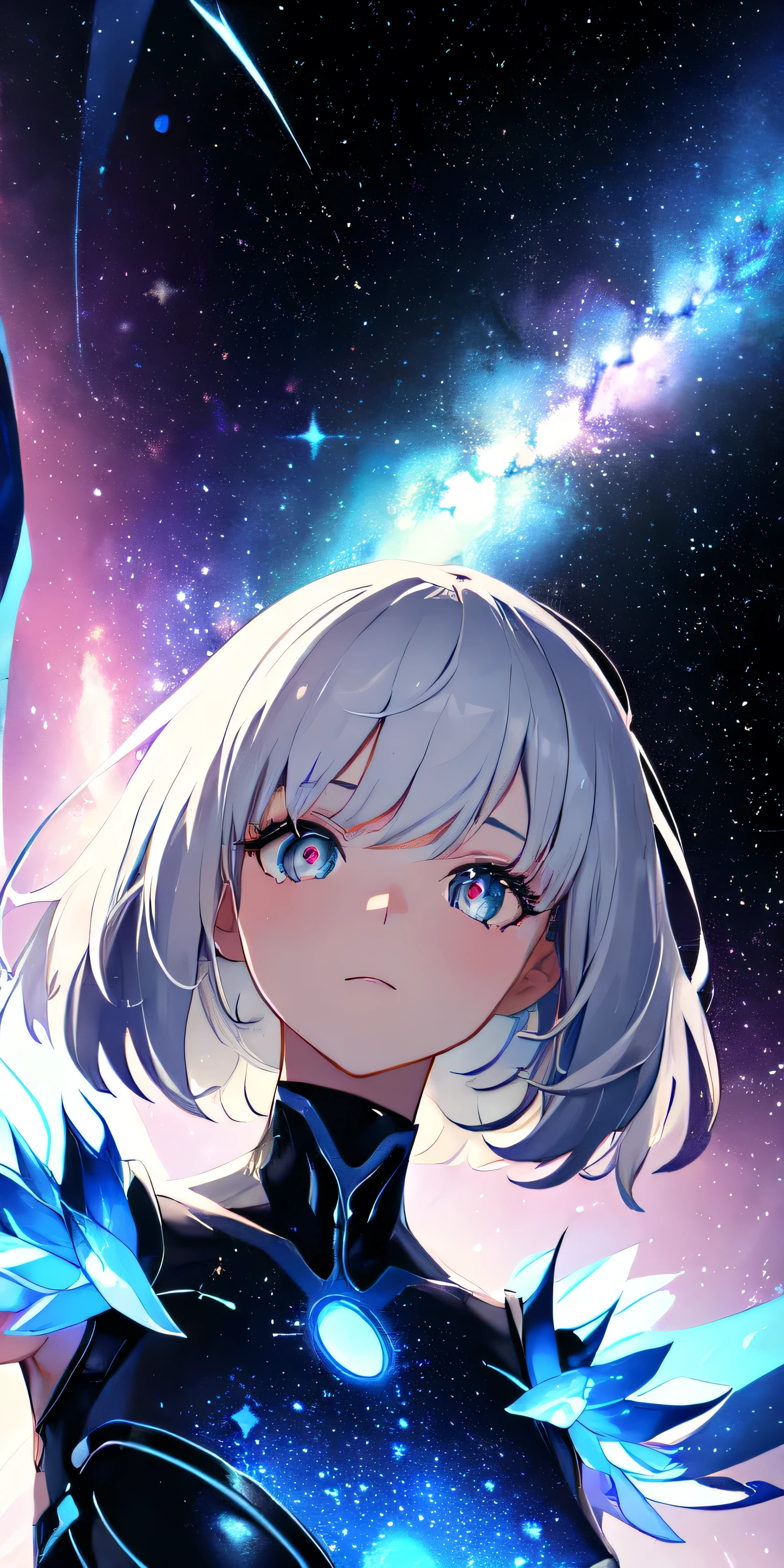 One girl, Gray Hair, Symbol-shaped pupil, Space Goddess, Milky Way, Particles of light, light, wallpaper, High Contrast, colorful,