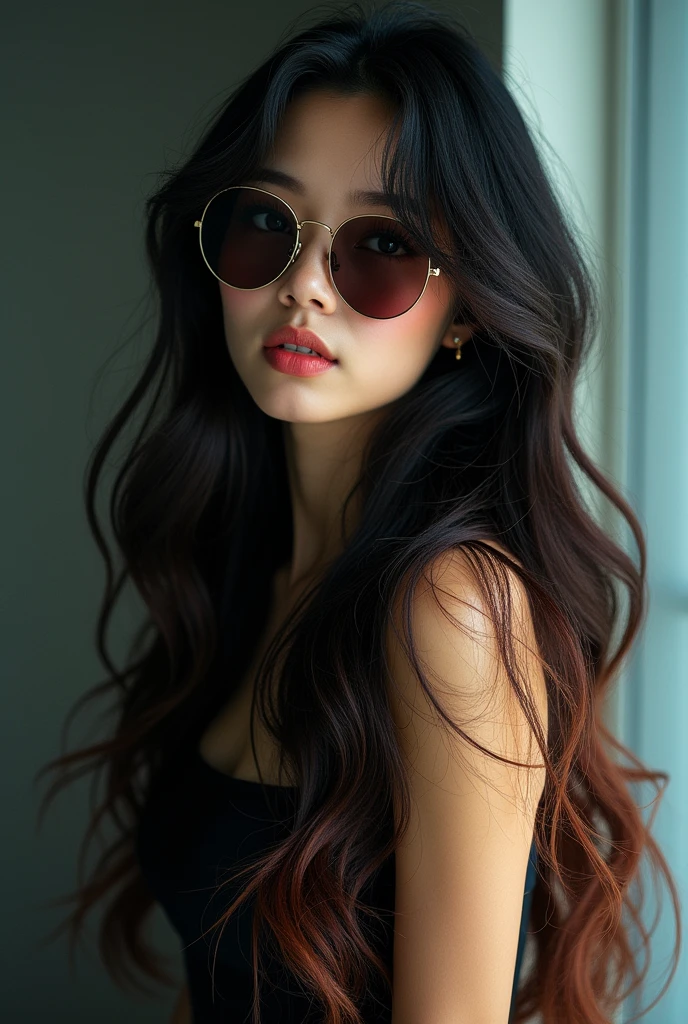 25Japan years old、Black Hair、Round eyes、False eyelashes、Light wavy hair, correct、Striped Hair、Brown Hair、Blue Hair、Dark blue hair、Gradient Hair、Asymmetrical hair、Hair behind the ear、Crossed bangs、Long Hair、とてもLong Hair、Hair up on one side、とんでもなくLong Hair、Valletta、Sunglasses under the eyes、、Ring Eye、Round eyes、Compensate、Wicked Smile、A light smile、Surrealism、Cast a Shadow、Anaglyph、Stereogram、Portraits、Subjective、Atmospheric perspective、Film Grain、Backlight、Exposure、Lens flare、8k、Very detailed、最high quality、超High resolution、超High resolution、Very detailed、Very realistic, masterpiece、correct、Textured skin、high quality、最high quality、Awards、High resolution、16K, Hair folder、A light smile、Redness in the ears、correct、odor、Surrealism、Cast a Shadow、Subjective、Shine、360° View、Very detailed、最high quality、超High resolution、解剖学的にcorrect、masterpiece、Textured skin、High resolution、最high quality、Attention to detail、Long eyelashes、A slight blush、Compensate, ((The whole body is visible))