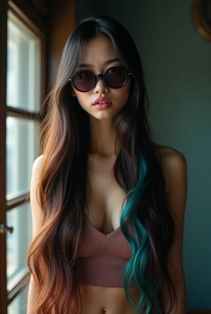 25Japan years old、Black Hair、Round eyes、False eyelashes、Light wavy hair, correct、Striped Hair、Brown Hair、Blue Hair、Dark blue hair、Gradient Hair、Asymmetrical hair、Hair behind the ear、Crossed bangs、Long Hair、とてもLong Hair、Hair up on one side、とんでもなくLong Hair、Valletta、Sunglasses under the eyes、、Ring Eye、Round eyes、Compensate、Wicked Smile、A light smile、Surrealism、Cast a Shadow、Anaglyph、Stereogram、Portraits、Subjective、Atmospheric perspective、Film Grain、Backlight、Exposure、Lens flare、8k、Very detailed、最high quality、超High resolution、超High resolution、Very detailed、Very realistic, masterpiece、correct、Textured skin、high quality、最high quality、Awards、High resolution、16K, Hair folder、A light smile、Redness in the ears、correct、odor、Surrealism、Cast a Shadow、Subjective、Shine、360° View、Very detailed、最high quality、超High resolution、解剖学的にcorrect、masterpiece、Textured skin、High resolution、最high quality、Attention to detail、Long eyelashes、A slight blush、Compensate, ((The whole body is visible))