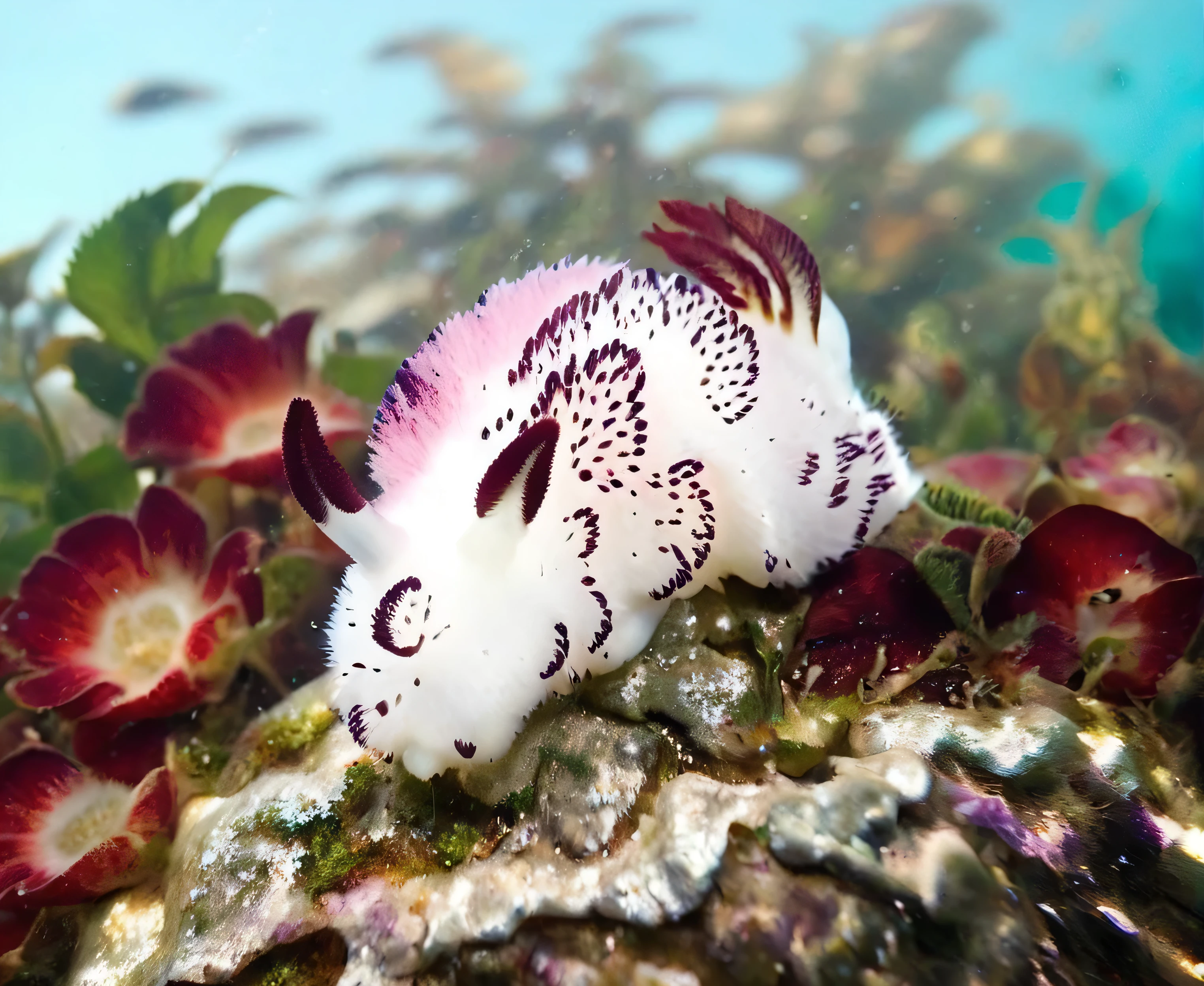 fluffy pink jorunna pretending to be a strawberry in a grassy field among the roses, underwater, garden midday, sun  (alphonse mucha:0.2) strawberries nearby, next to a large strawberry