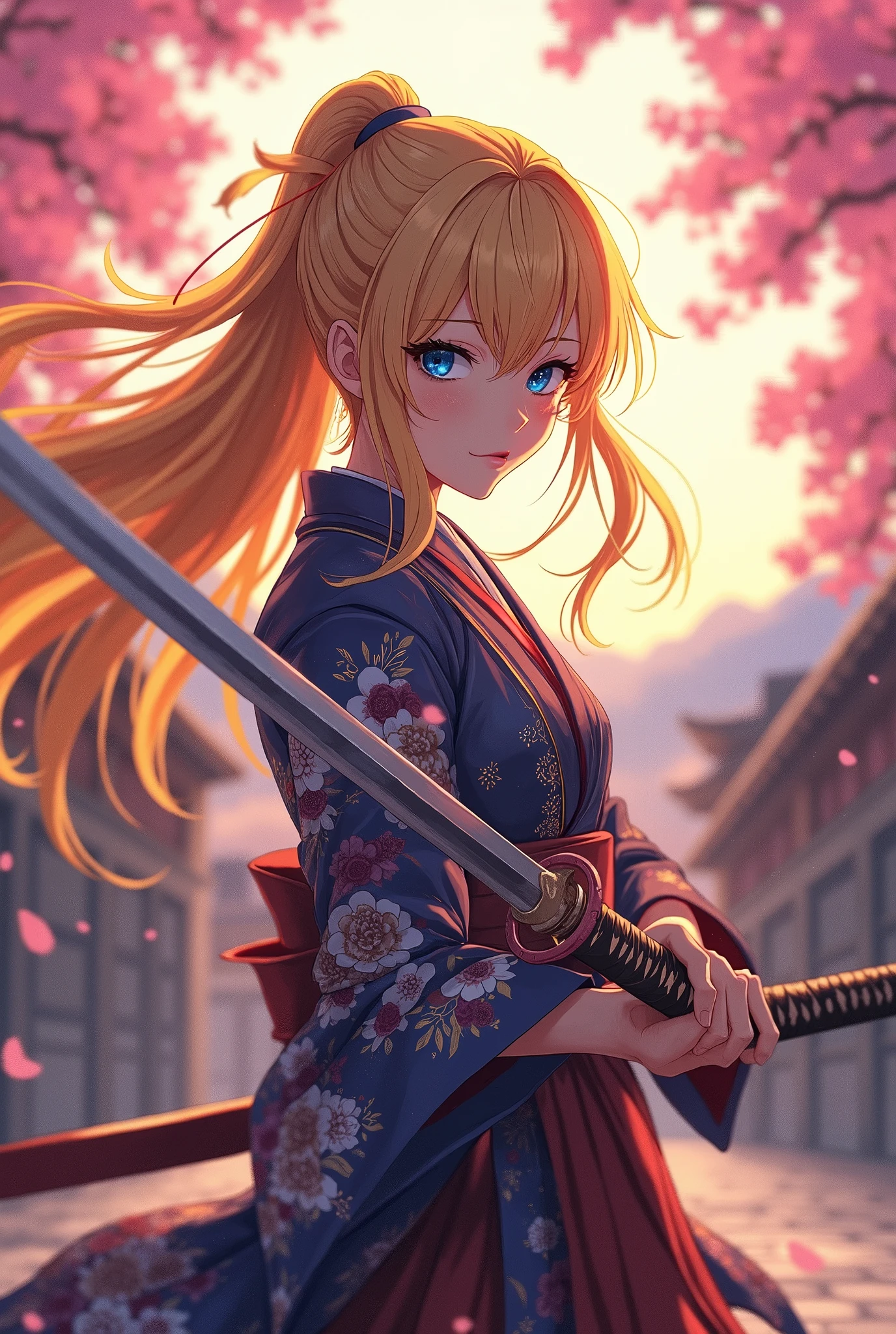 Japanese Sengoku period beautiful girl high school girl anime illustration blonde superhero dual wielding