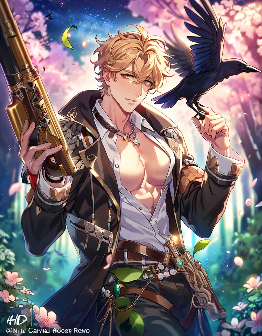 absurdres, highres, ultra detailed, HDR, master piece, best quality, extremely detailed, detailed eyes, Quincy, blonde hair, messy hair, expressive amber eyes, Nu Carnival, solo, sexy man with a gun in hand, handsome, horny, lewd, fantasy, accessories, hunter, hunter clothes, black coat, white shirt, showing the chest, spring, flowers, green leaves, magical forest, dark fantasy, starry sky, night, crows