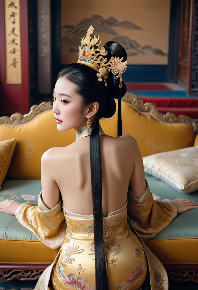 A lavish Empress of China's Qing Dynasty, sitting on a large golden sofa, Completely naked, she is facing away, showcasing her large bosom and massive rear., I see her face.（Porn Pose） Tie your hair on both sides、Beautiful Chinese empress wearing a crown、Background of kinky and erotic woman tying her hair、The story is set in the opulent rooms of the empress&#39;s palace in China during the Qing Dynasty.。.。