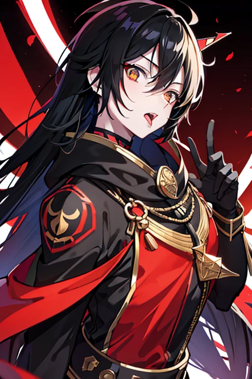 solo, High resolution, chest, Shortcuts, Open your mouth, Black Hair, accessories, Golden Eyes, Sticking out tongue, mask, Red Mesh. ,Anime Style, look up,
