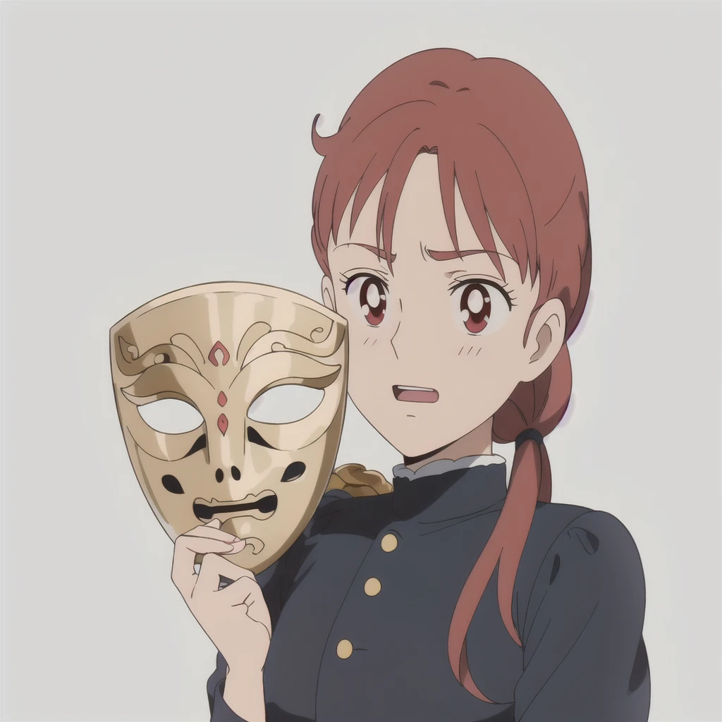  anime girl holding a yellow gold a mask with a red hair, ( ( the mask ) ), style in died anime style, a mask, like an anime character, style in died anime, weaAlsog wooden a mask , , Also, the magic a mask covers her entire face, partially a masked, died, weaAlsog a a mask, a masking