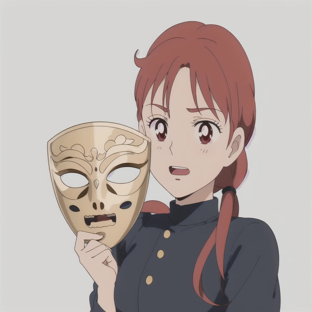 anime girl holding a yellow gold a mask with a red hair, ( ( the mask ) ), style in died anime style, a mask, like an anime character, style in died anime, weaAlsog wooden a mask , , Also, the magic a mask covers her entire face, partially a masked, died, weaAlsog a a mask, a masking