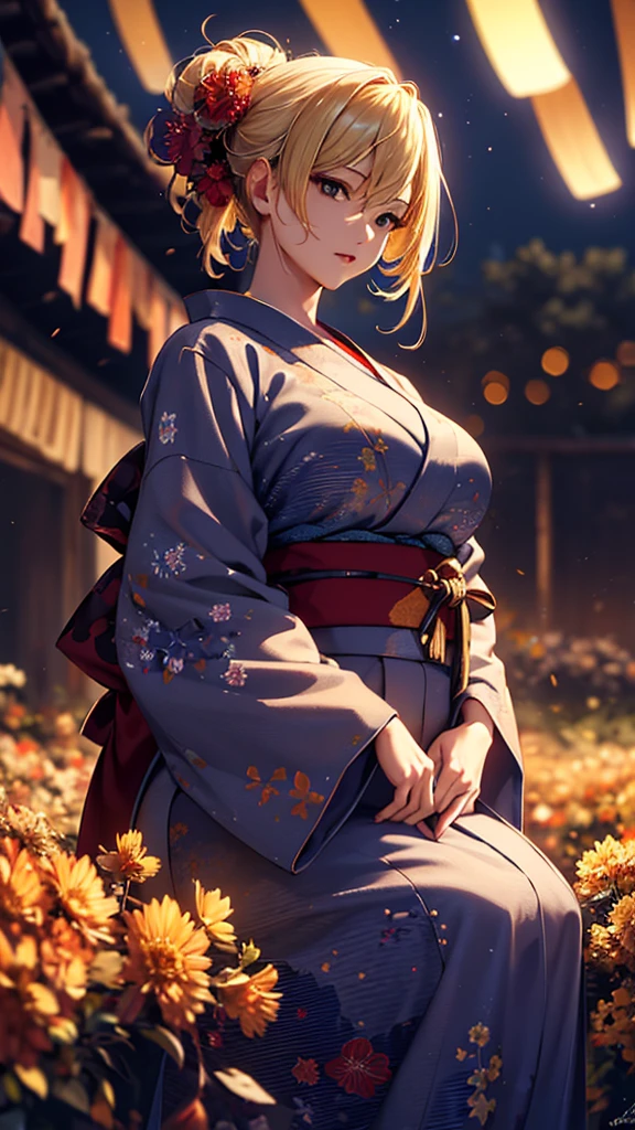 masterpiece, high quality, 4K, Beautiful design, silhouette,blonde, 非常に詳細な夜のStarry Sky,Flower Field, wonderful, Finer details, Very knowledgeable woman, Highly detailed solo, 1 female,Big Breasts,Red color yukata,Night view,Starry Sky,Fireworks in the background,